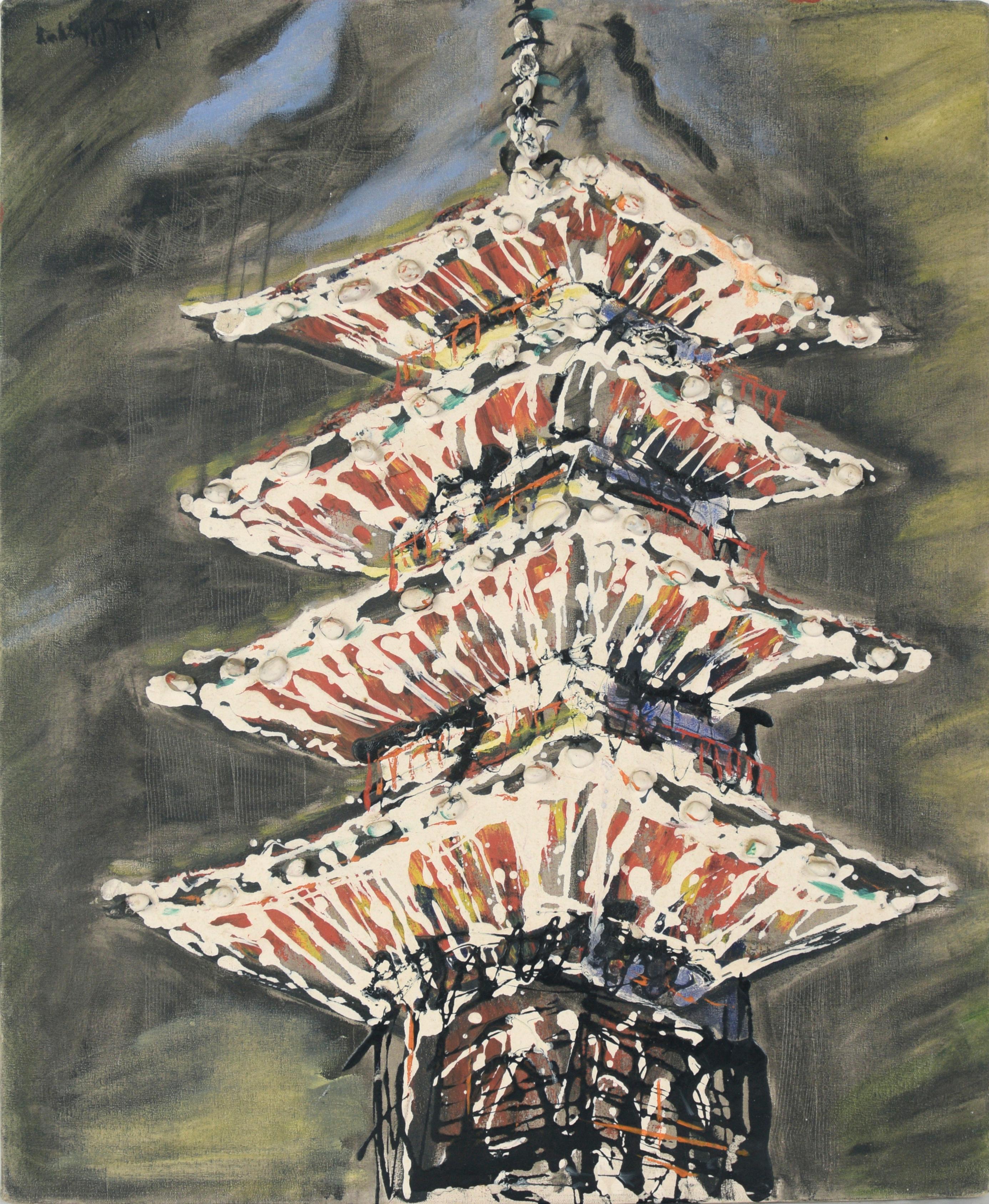 Pagoda - Expressionistic Oil Painting on Canvas with Stones - Mixed Media Art by Barbara Ann Murray Topping