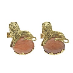 Barbara Anton Gold Brown Jade Lion Cufflinks