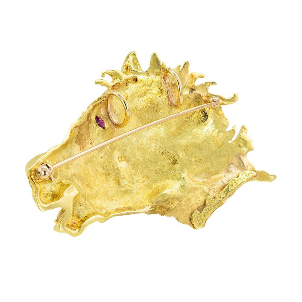 Contemporary Barbara Anton Ruby Yellow Gold Horse Head Slide Brooch