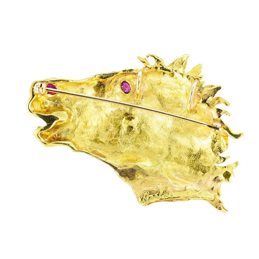 Mixed Cut Barbara Anton Ruby Yellow Gold Horse Head Slide Brooch