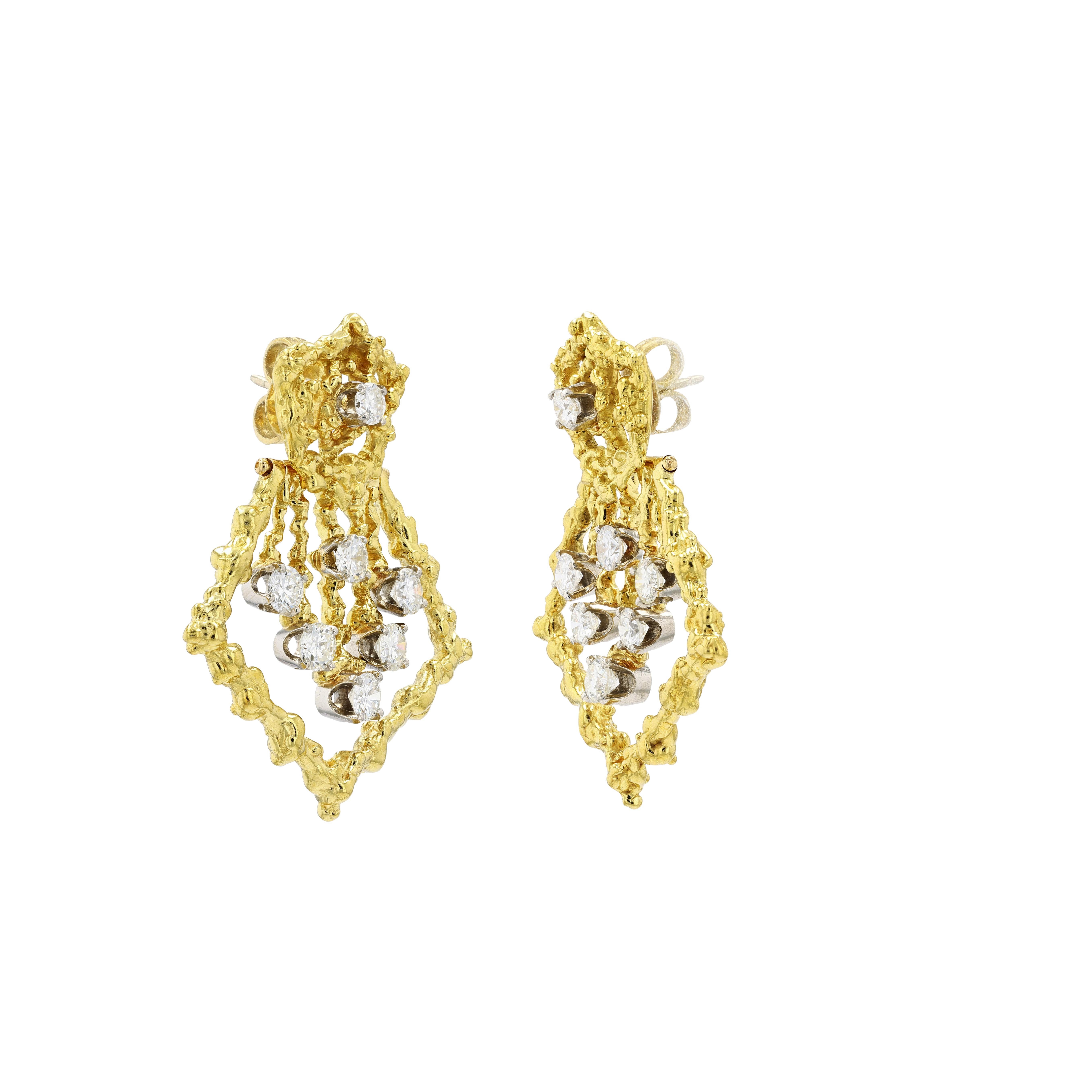 Art Deco Barbara Anton, signed 18k Yellow Gold and Diamond Doorknocker Earrings For Sale