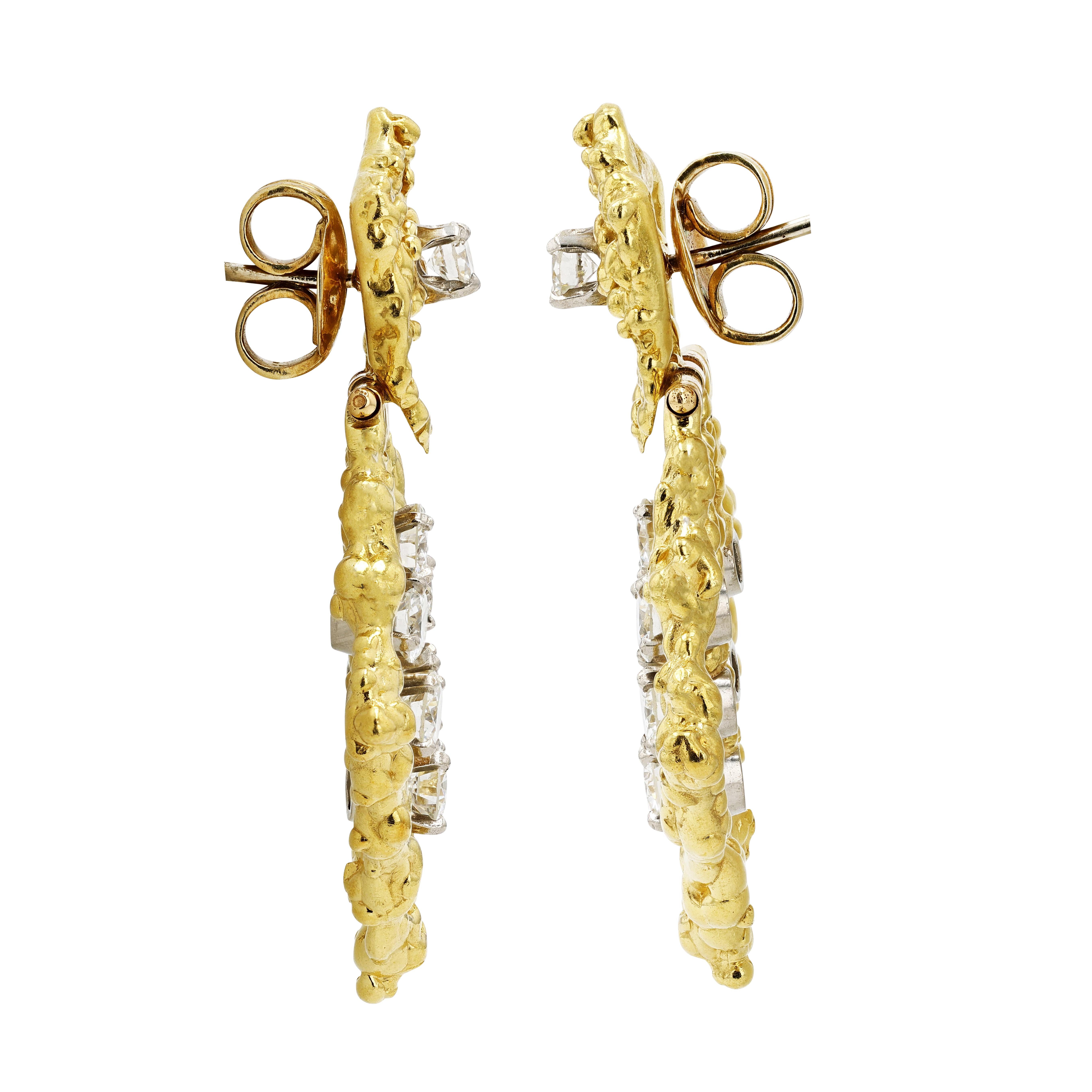 Round Cut Barbara Anton, signed 18k Yellow Gold and Diamond Doorknocker Earrings For Sale
