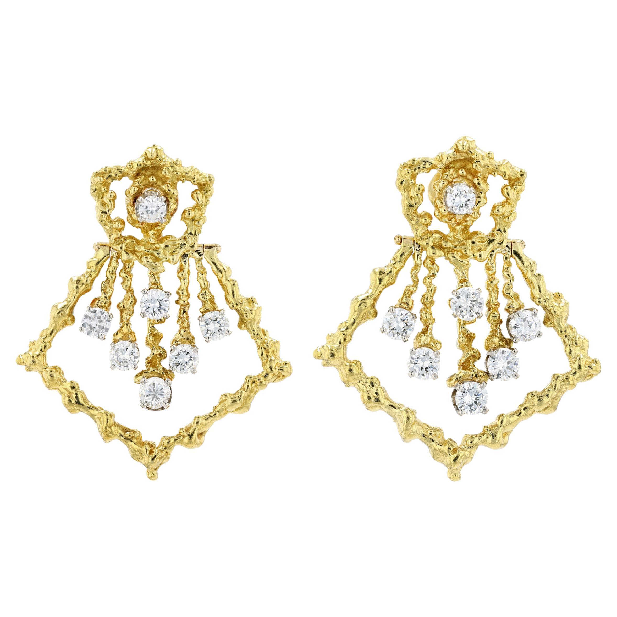 Barbara Anton, signed 18k Yellow Gold and Diamond Doorknocker Earrings For Sale