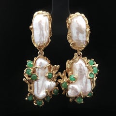 Barbara Anton Solid Gold Baroque Pearl Emerald Day Night Leaf Dangle Earrings