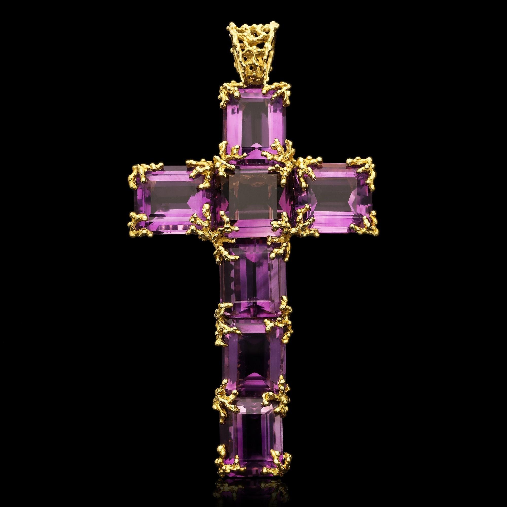 Barbara Anton Vintage Großer Kreuzanhänger aus Gold und Amethyst, Vintage, ca. 1970 im Zustand „Gut“ im Angebot in London, GB