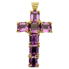 Barbara Anton Vintage Großer Kreuzanhänger aus Gold und Amethyst, Vintage, ca. 1970