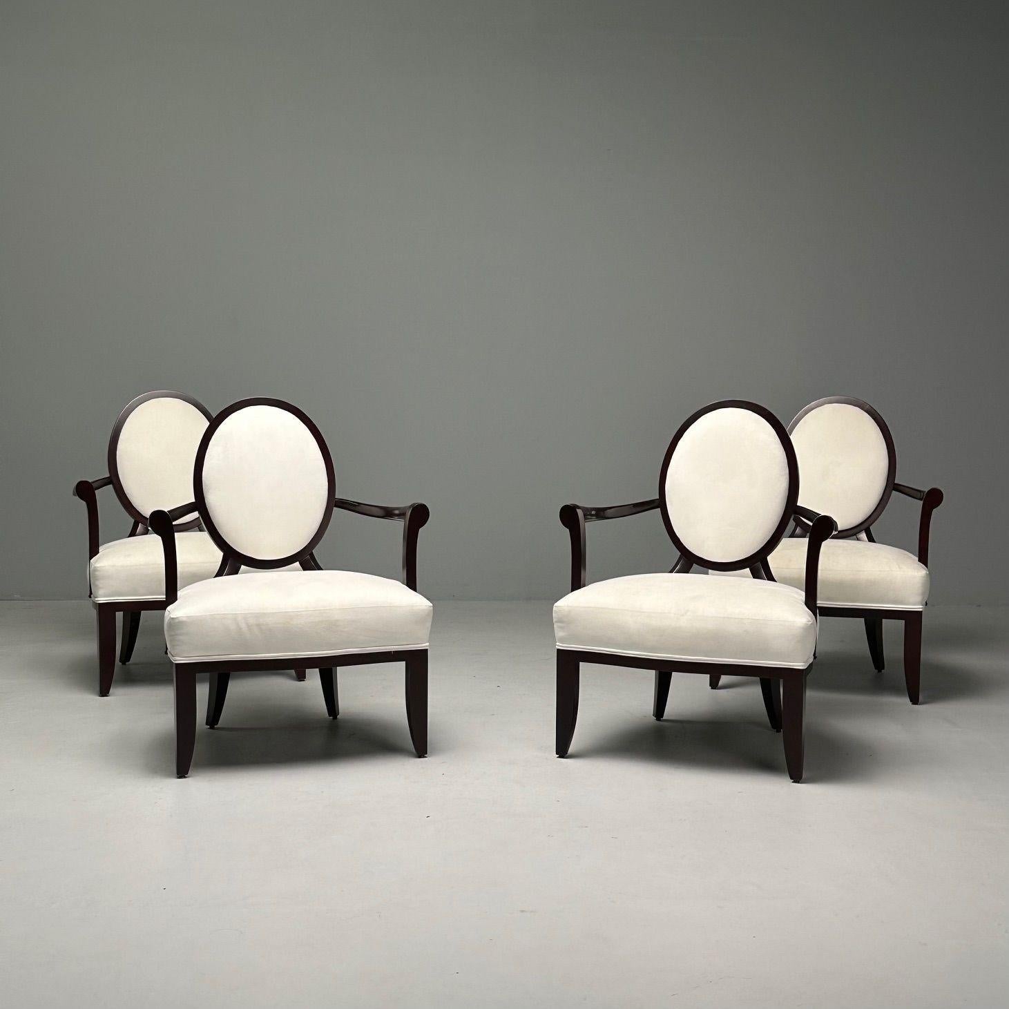 Set of Four Barbara Barry for Baker Furniture, Art Deco, Armchairs, Mahogany, White Fabric

A very classic shape is modernized and updated in this pair of Oval X Back Chairs. The chairs were designed by Barbara Barry and crafted by Baker Furniture.