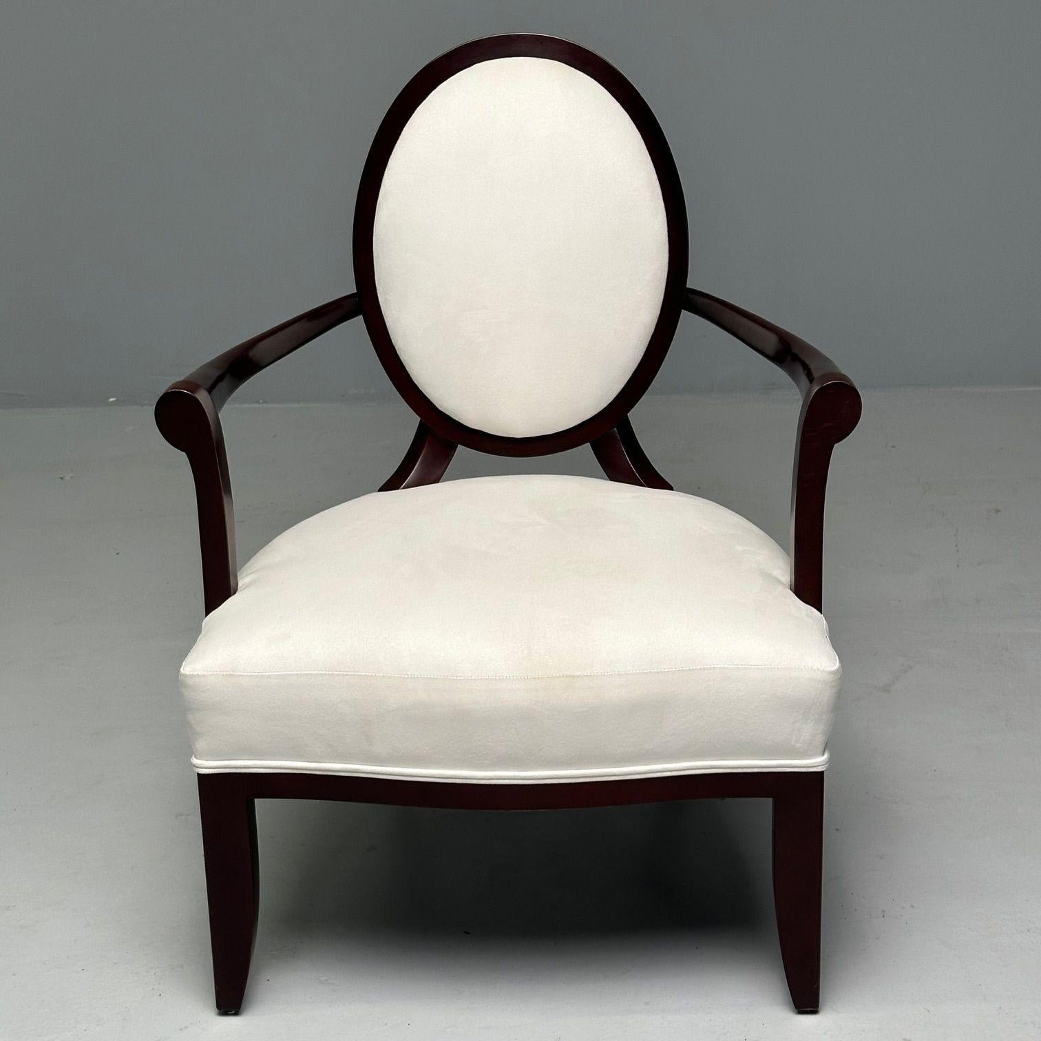 Late 20th Century Barbara Barry, Baker Furniture, Art Deco, Armchairs, Mahogany, White Fabric