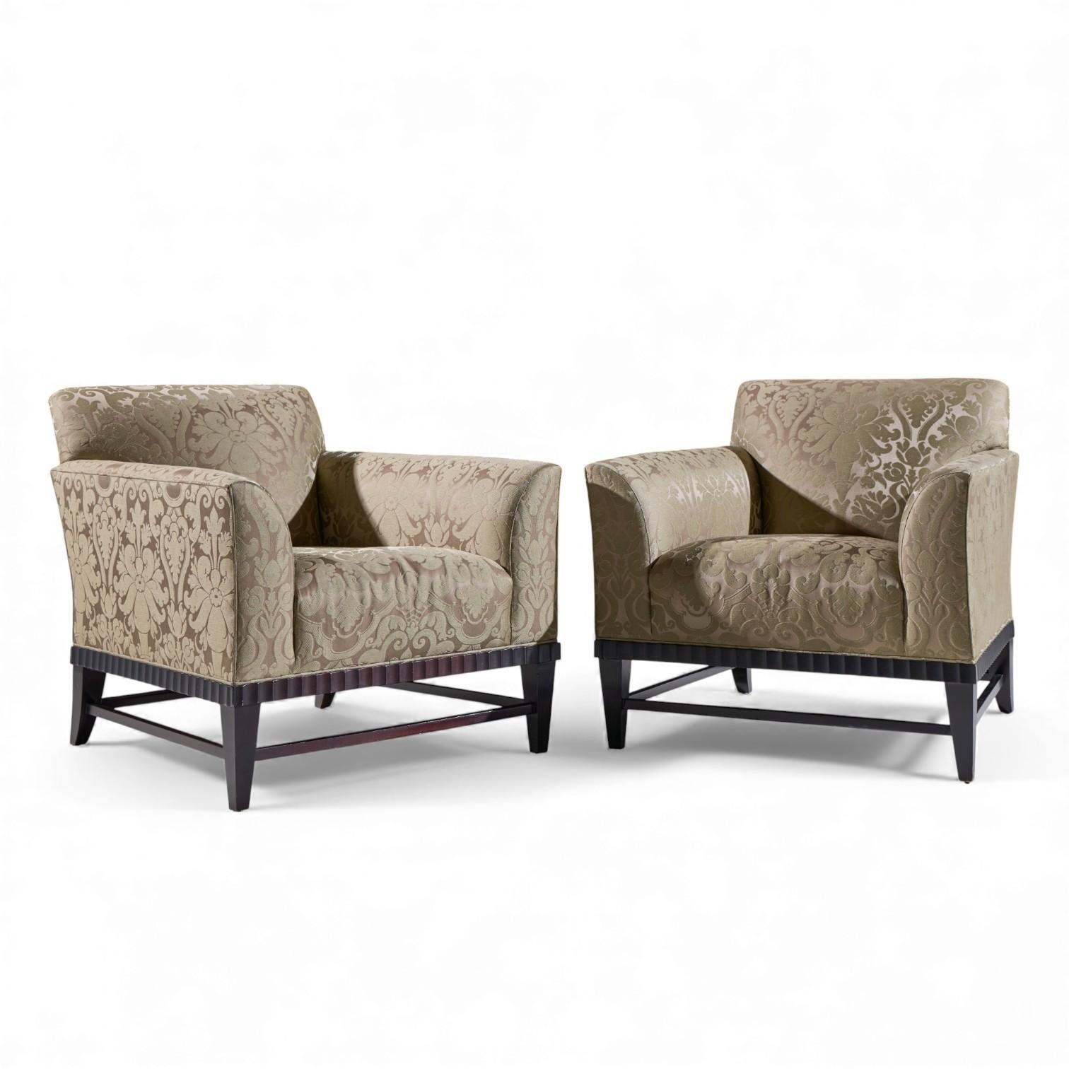 Barbara Barry for Baker Fluted Mahogany Lounge Chair - Pair

Each chair measures: 35.75 wide x 38.5 deep x 31.5 high, with a seat height of 18 and arm height/chair clearance of 24 inches

We take our photos in a controlled lighting studio to show as