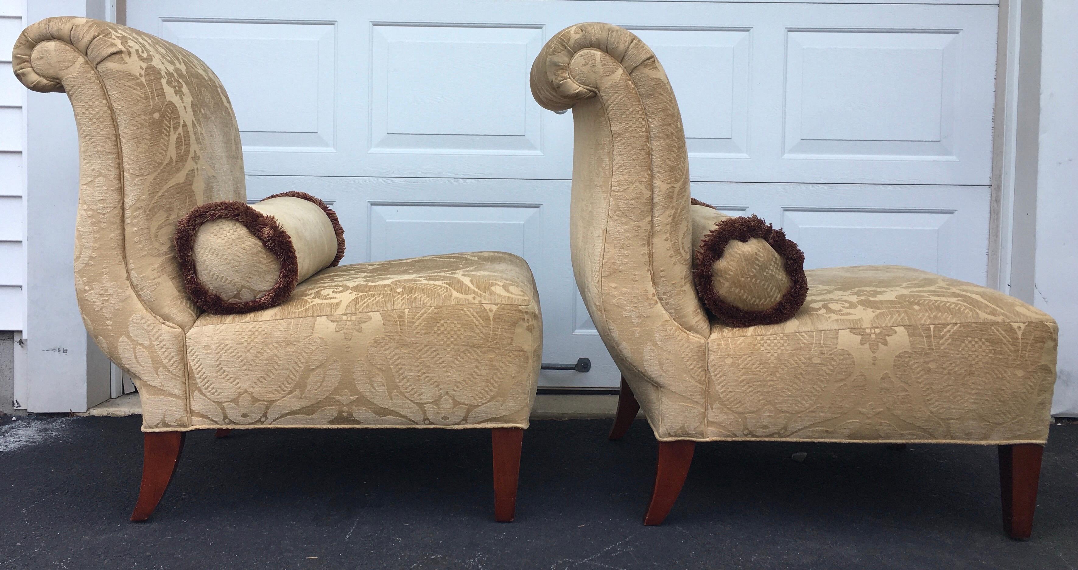 20th Century Barbara Barry for Baker Furniture Damask Slipper Chairs, Pair