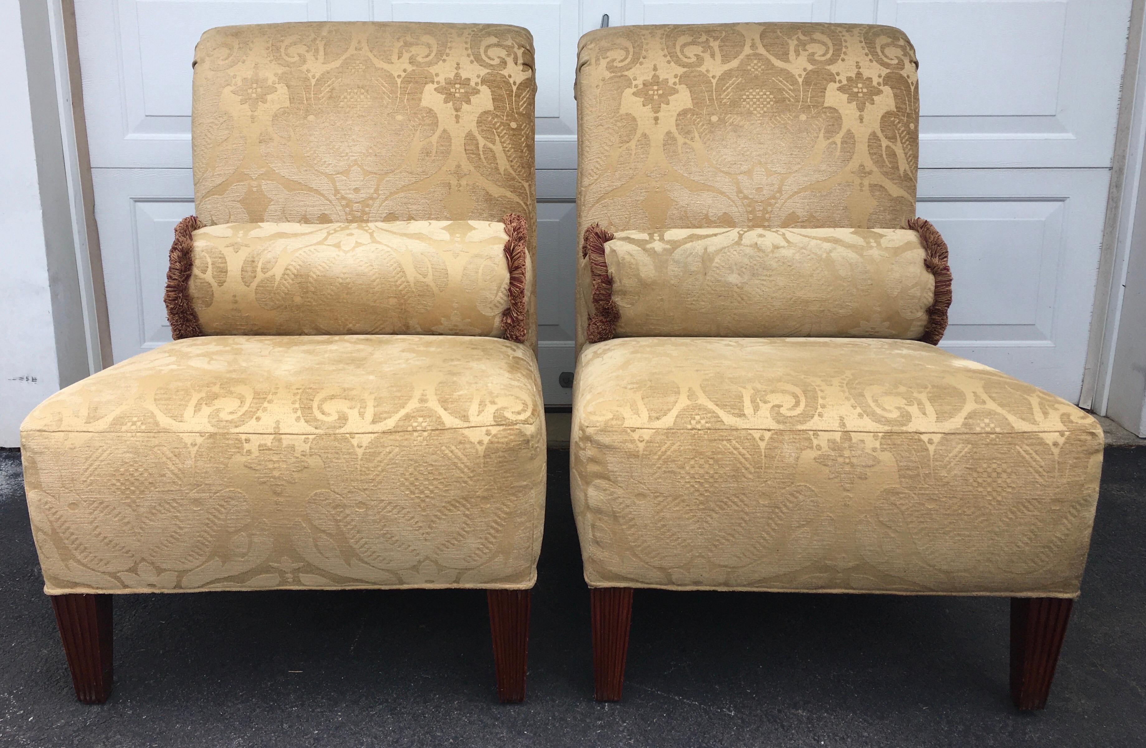 Upholstery Barbara Barry for Baker Furniture Damask Slipper Chairs, Pair