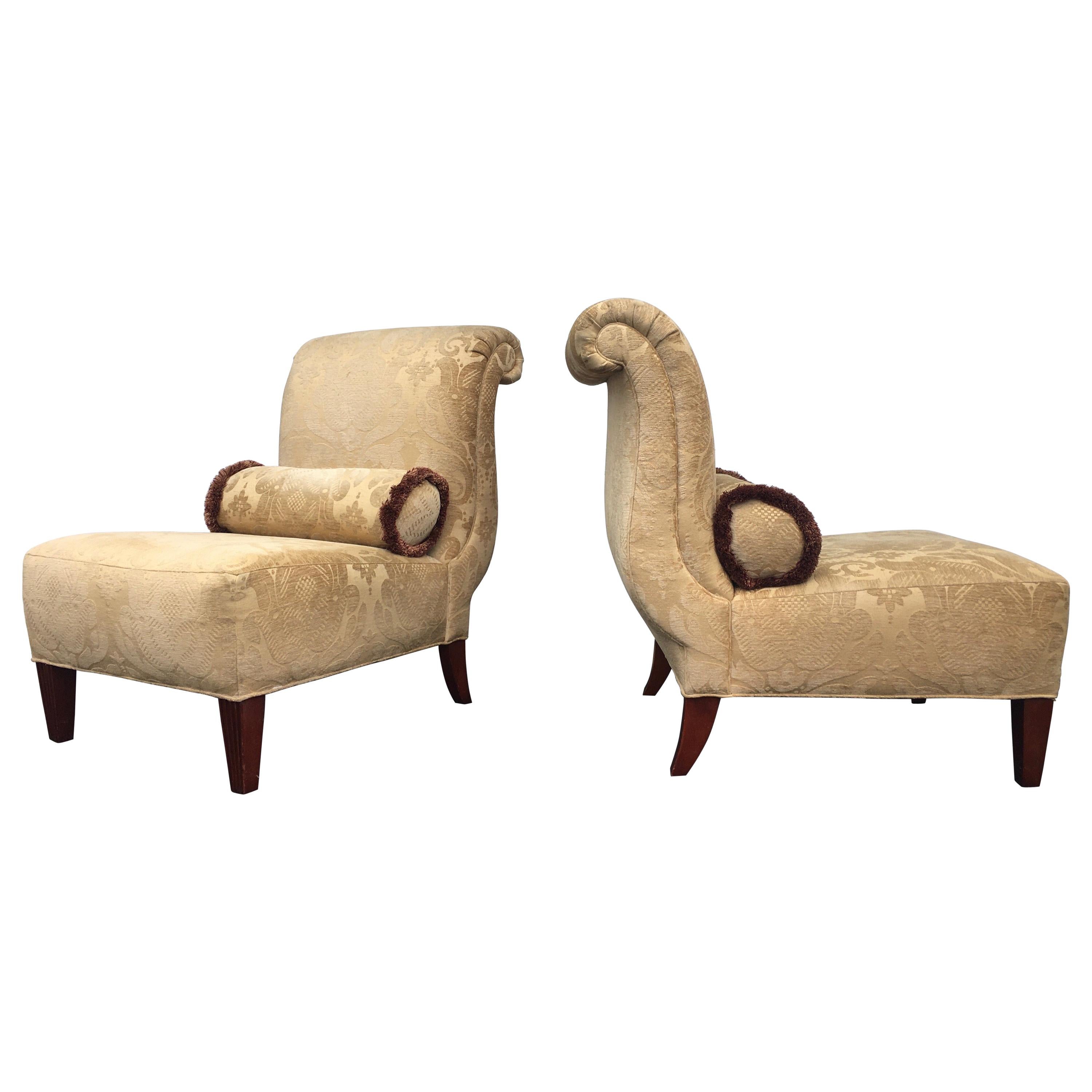 Barbara Barry for Baker Furniture Damask Slipper Chairs, Pair