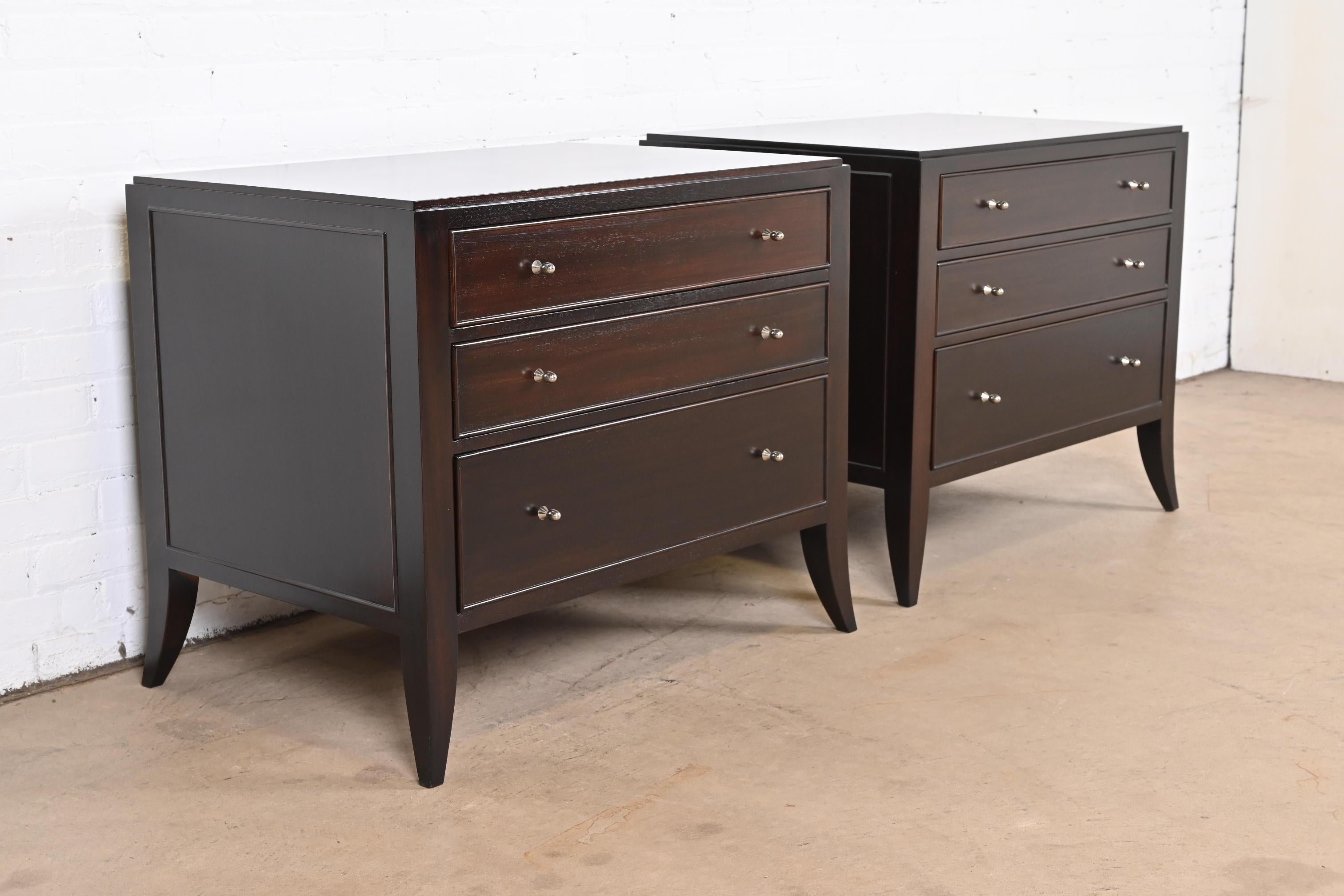 Nickel Barbara Barry for Baker Furniture Dark Mahogany Bedside Chests, Newly Refinished