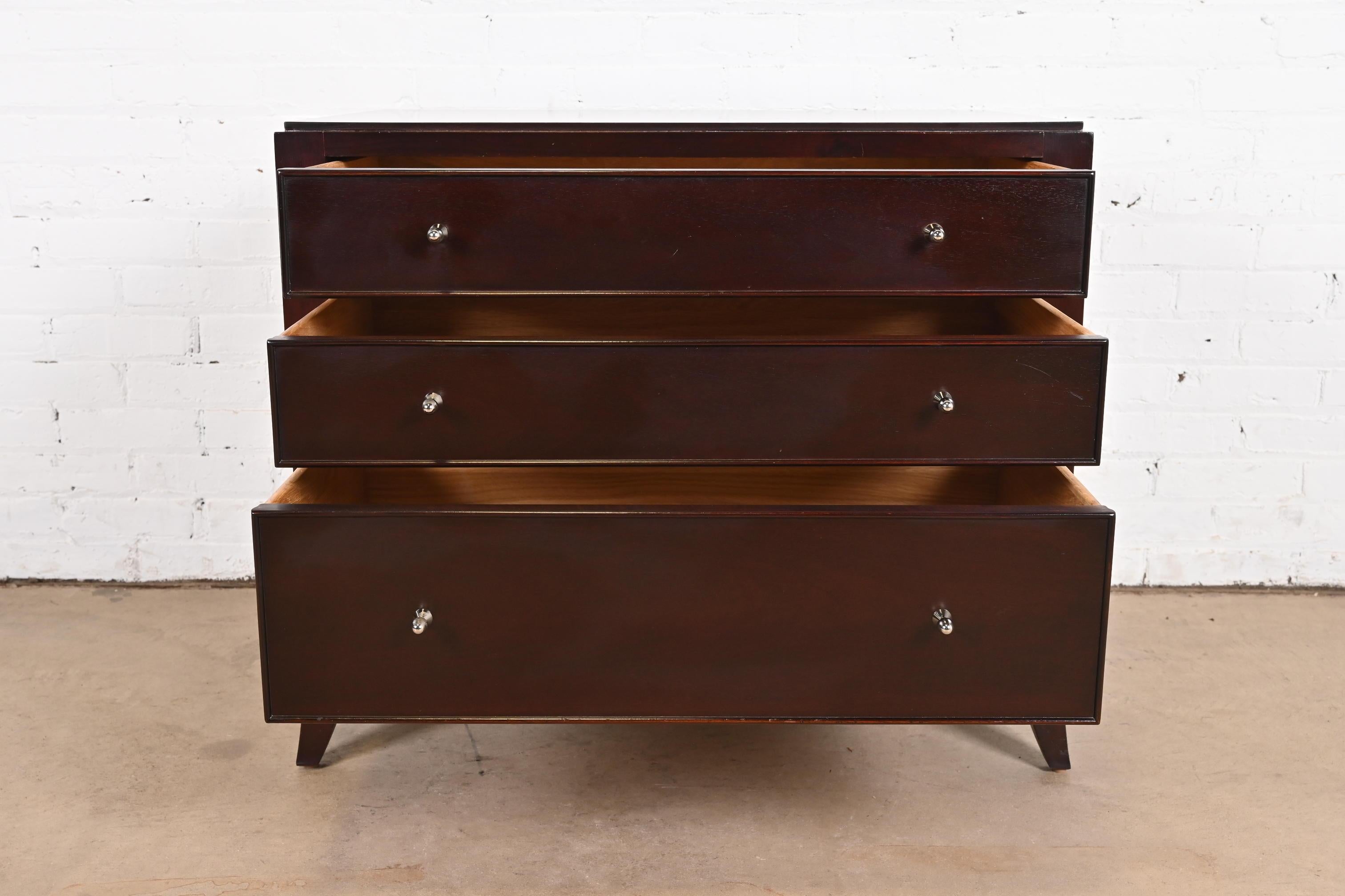 Nickel Barbara Barry for Baker Furniture Dark Mahogany Three-Drawer Bedside Chest For Sale