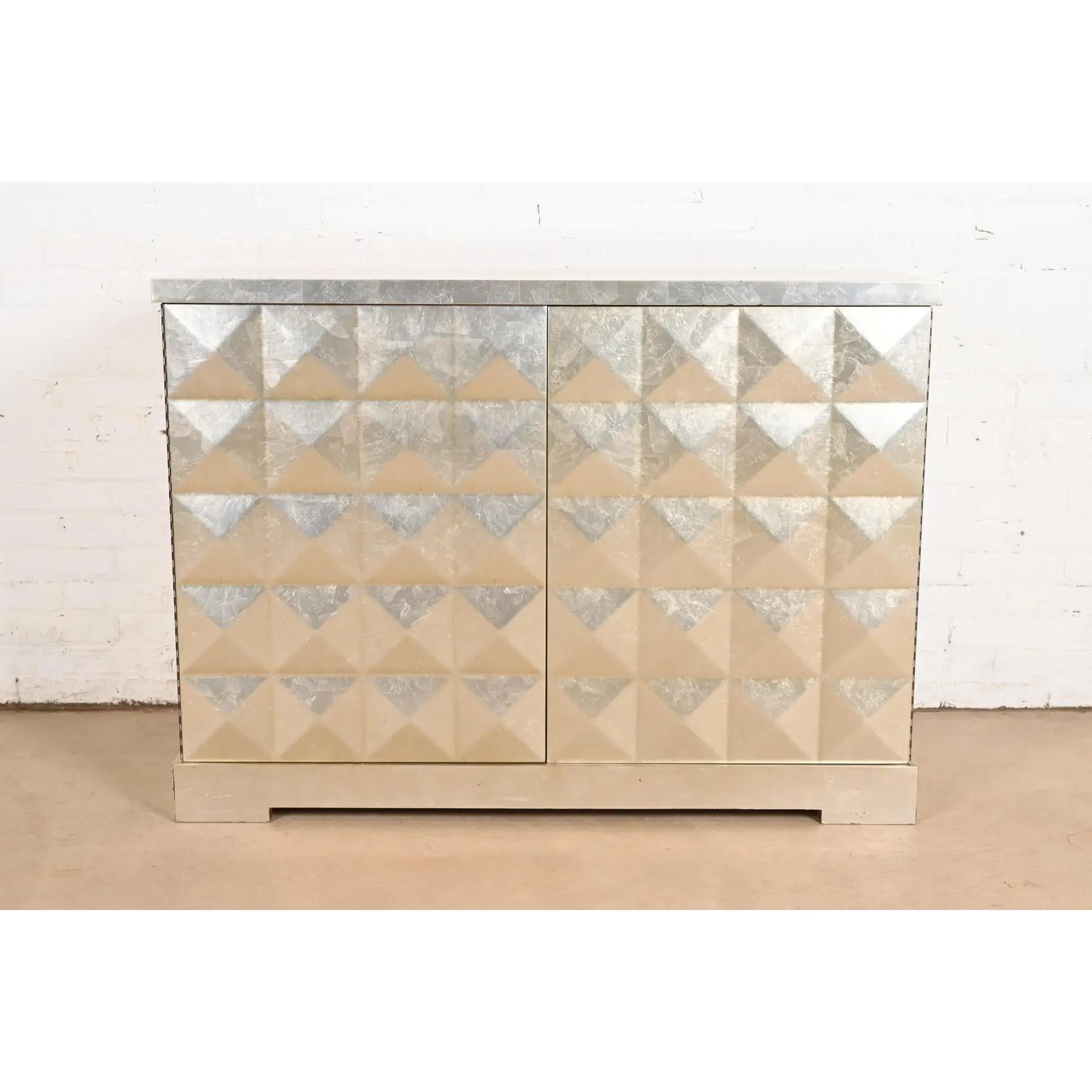 Hollywood Regency Barbara Barry for Baker Furniture Diamond Silver Leaf Cabinet or Credenza For Sale