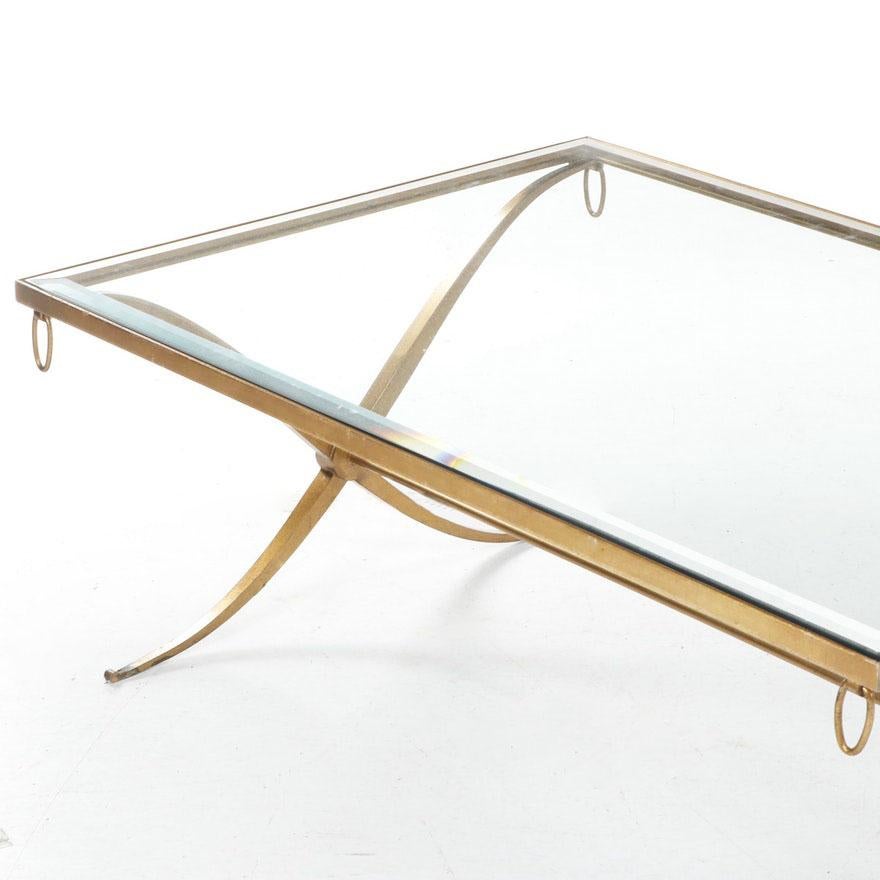 Barbara Barry For Baker Furniture Gilt Wrought Iron X Base Regency Coffee Table In Good Condition In Chicago, IL