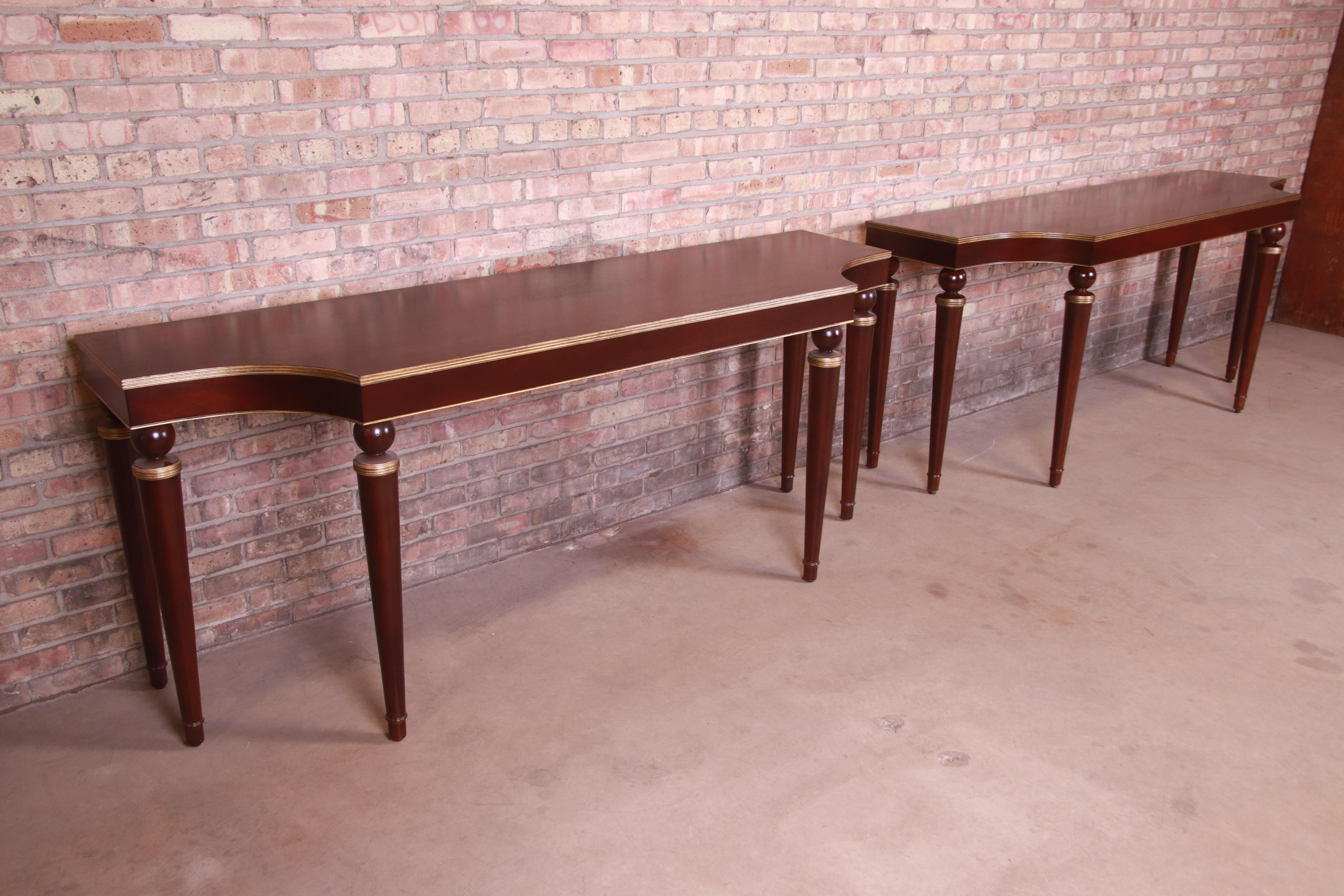 Barbara Barry for Baker Furniture Mahogany and Gold Gilt Consoles, Refinished In Good Condition In South Bend, IN