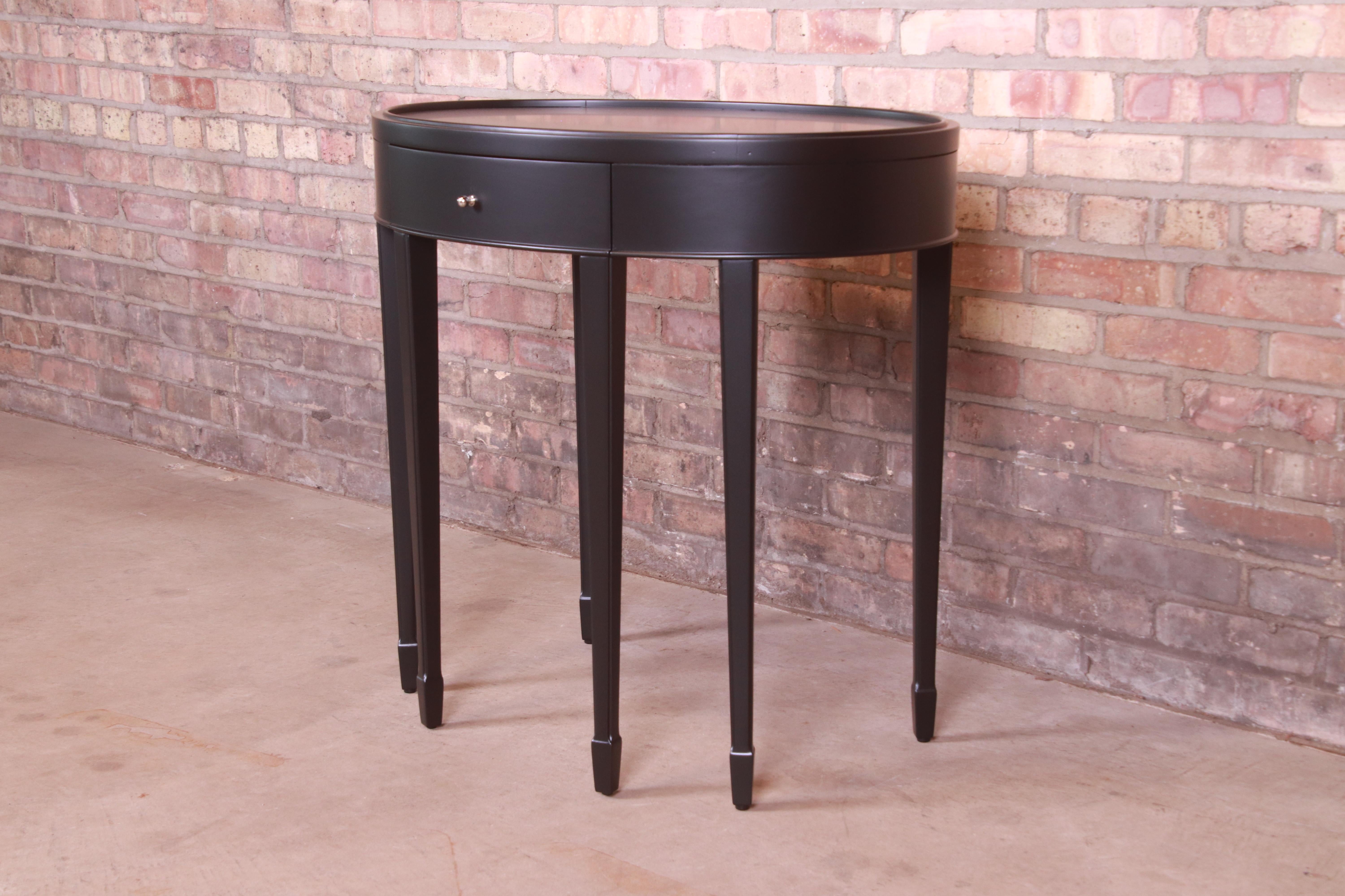 Nickel Barbara Barry for Baker Furniture Modern Black Lacquered Tea Table, Refinished