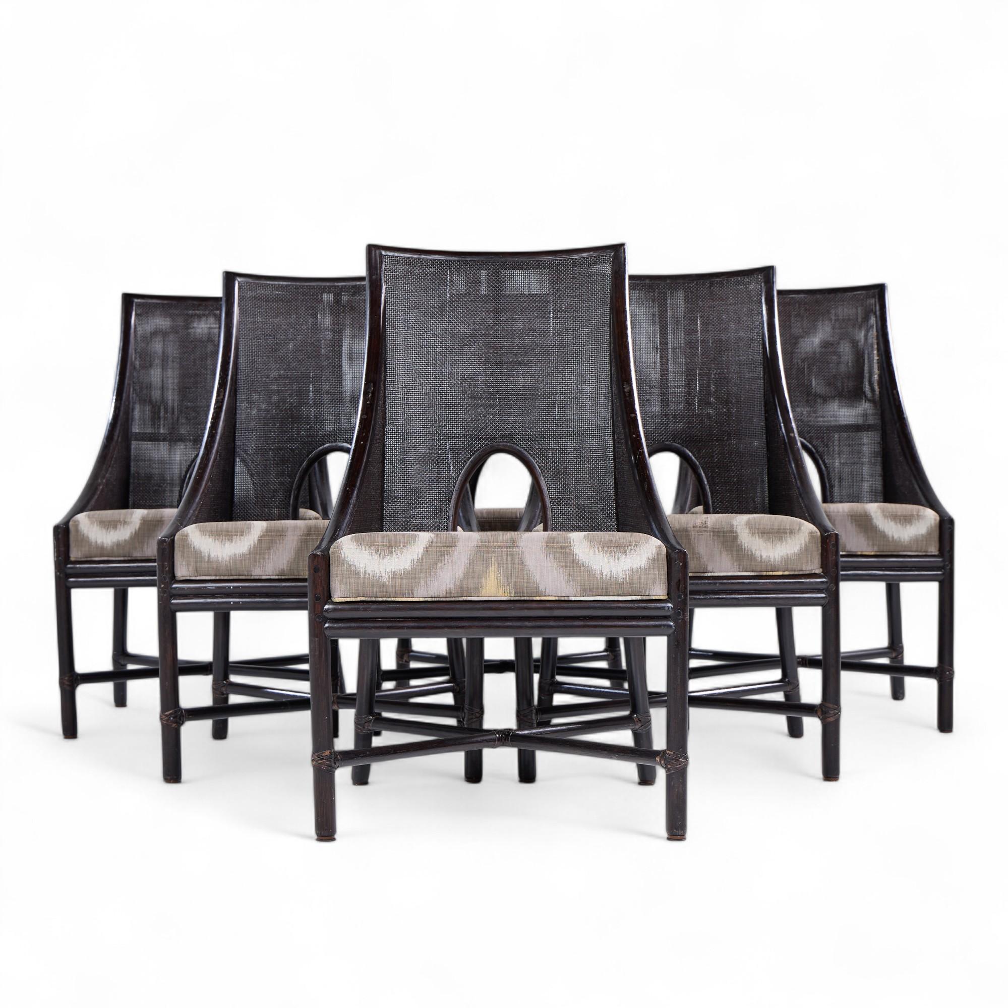 Barbara Barry for Baker McGuire Tobacco Cane Dining Chairs - Set of 6

Each chair measures: 24 wide x 23.75 deep x 39 inches high, with a seat height/chair clearance of 19.5 inches

We take our photos in a controlled lighting studio to show as much
