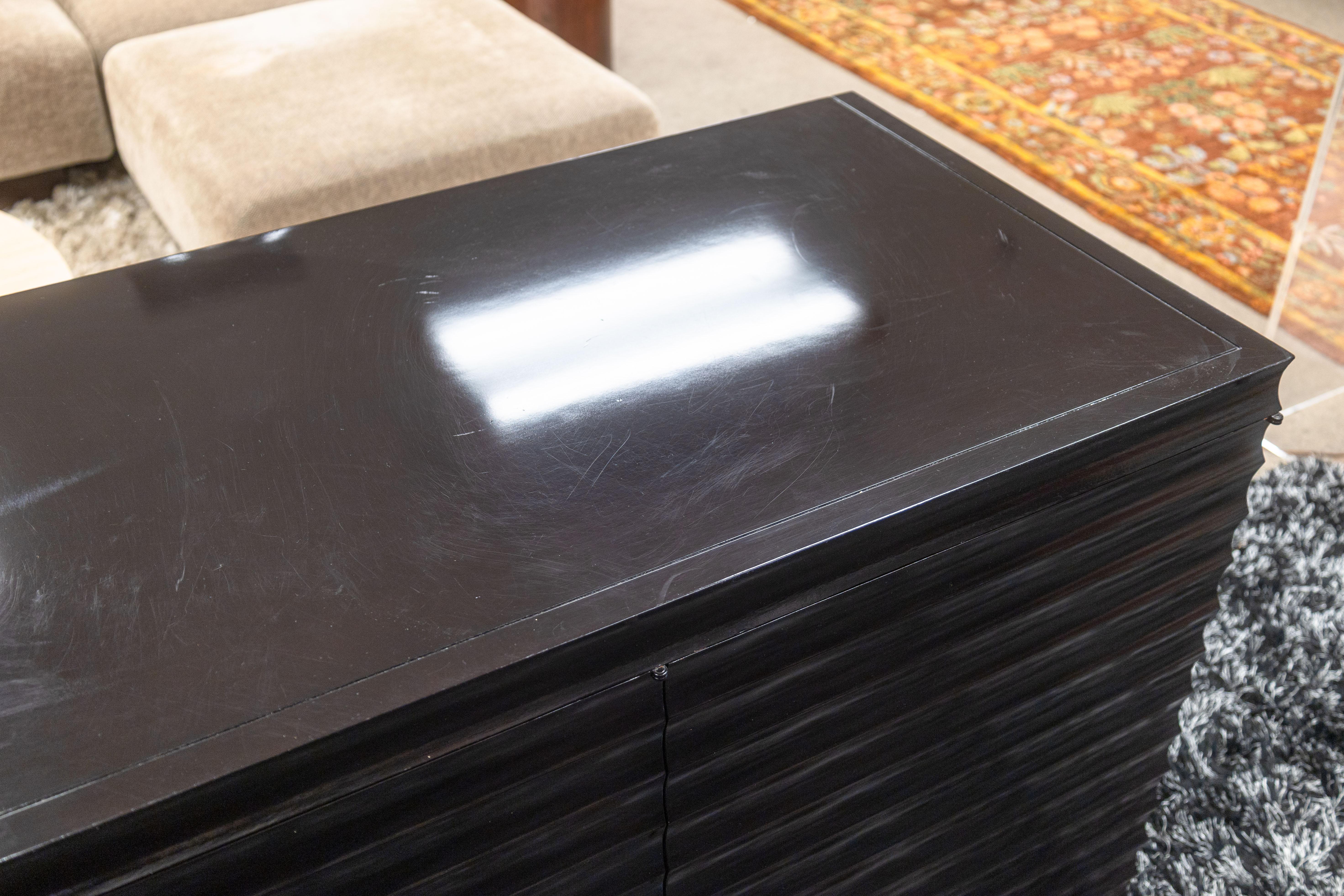 American Barbara Barry for Baker Modern Fluted Black Lacquered Sideboard Credenza For Sale