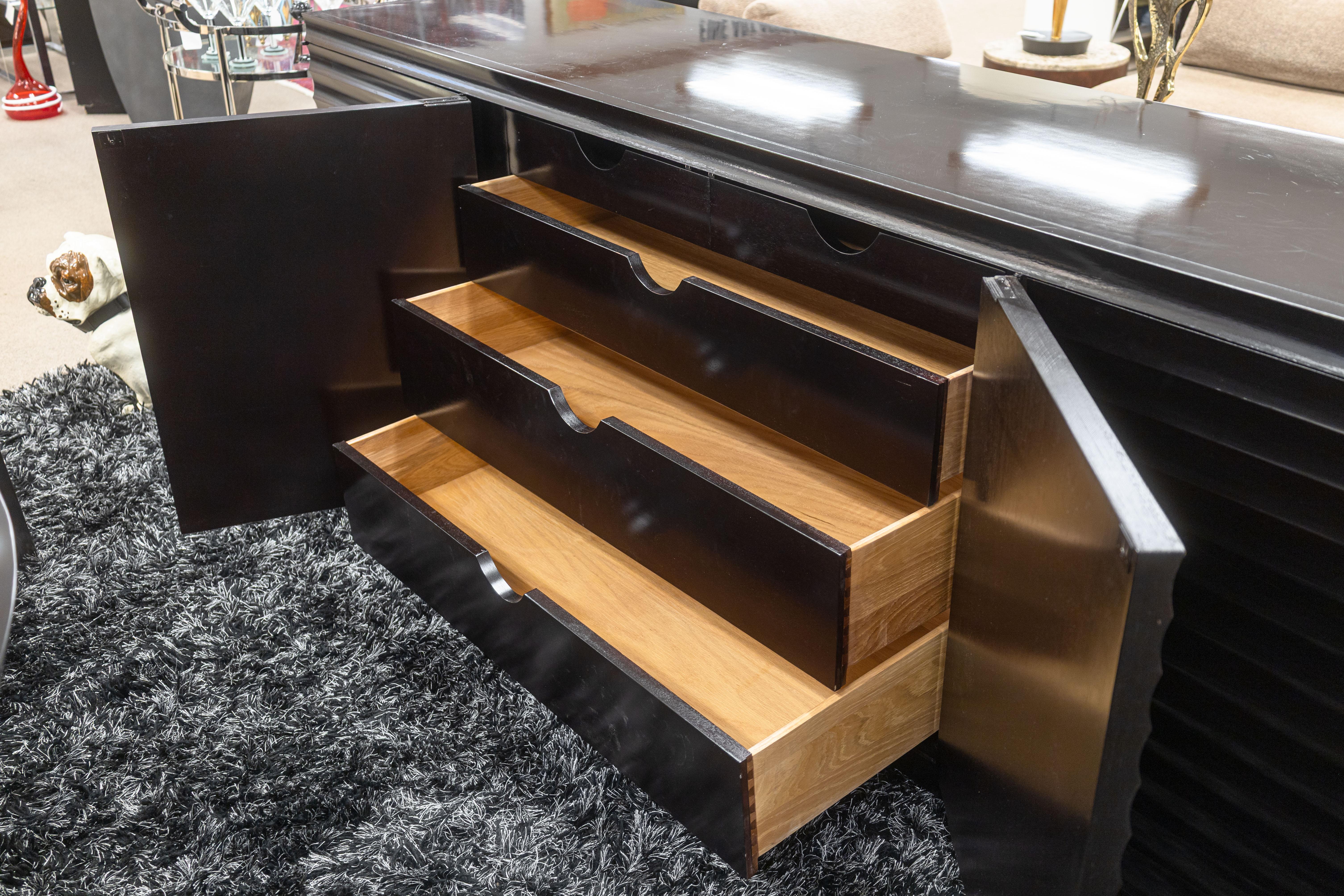 Wood Barbara Barry for Baker Modern Fluted Black Lacquered Sideboard Credenza For Sale