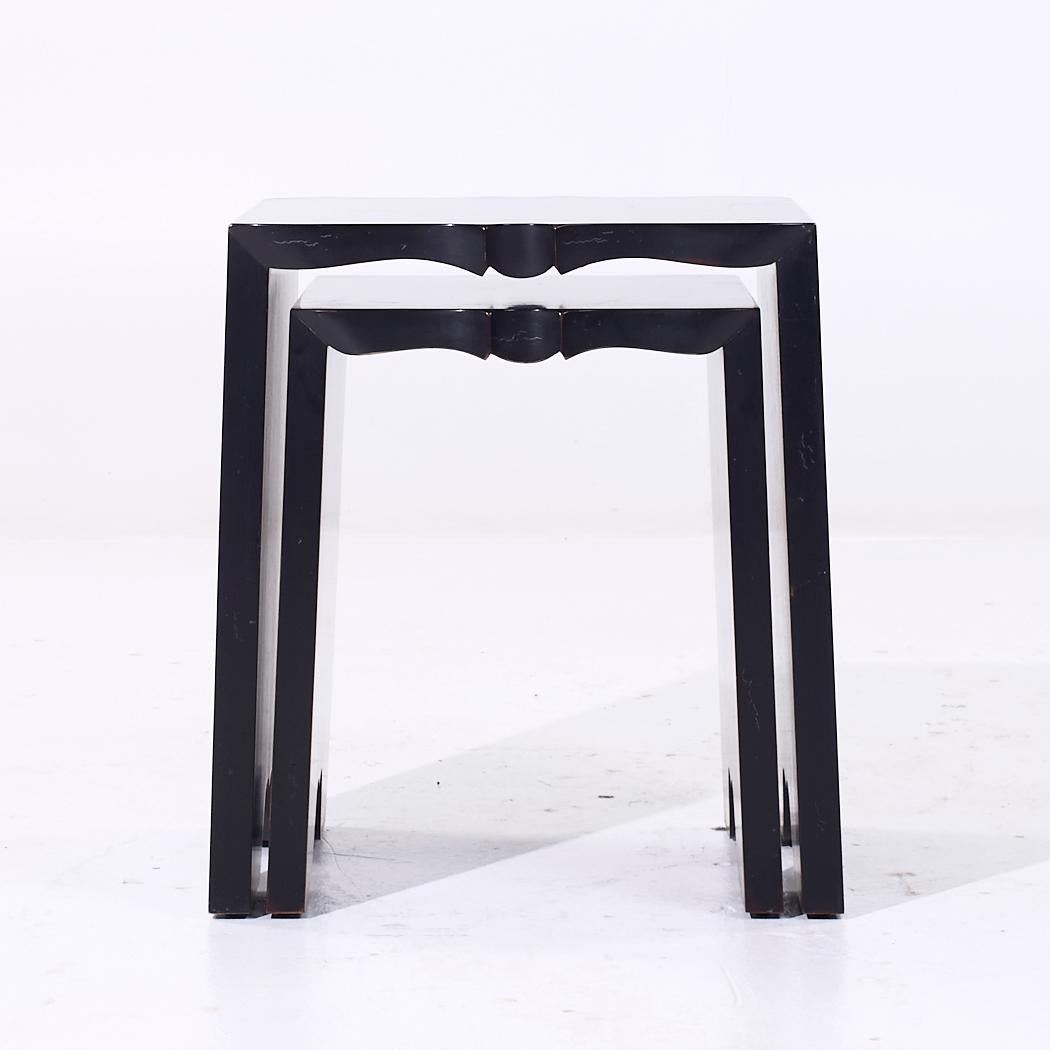 Barbara Barry for Baker Nesting Tables

The top table measures: 20.5 wide x 17.5 deep x 22.5 inches high
The bottom table measures: 16.5 wide x 17.5 deep x 19.75 inches high

ABOUT PHOTOS: We take our photos in a controlled lighting studio to show