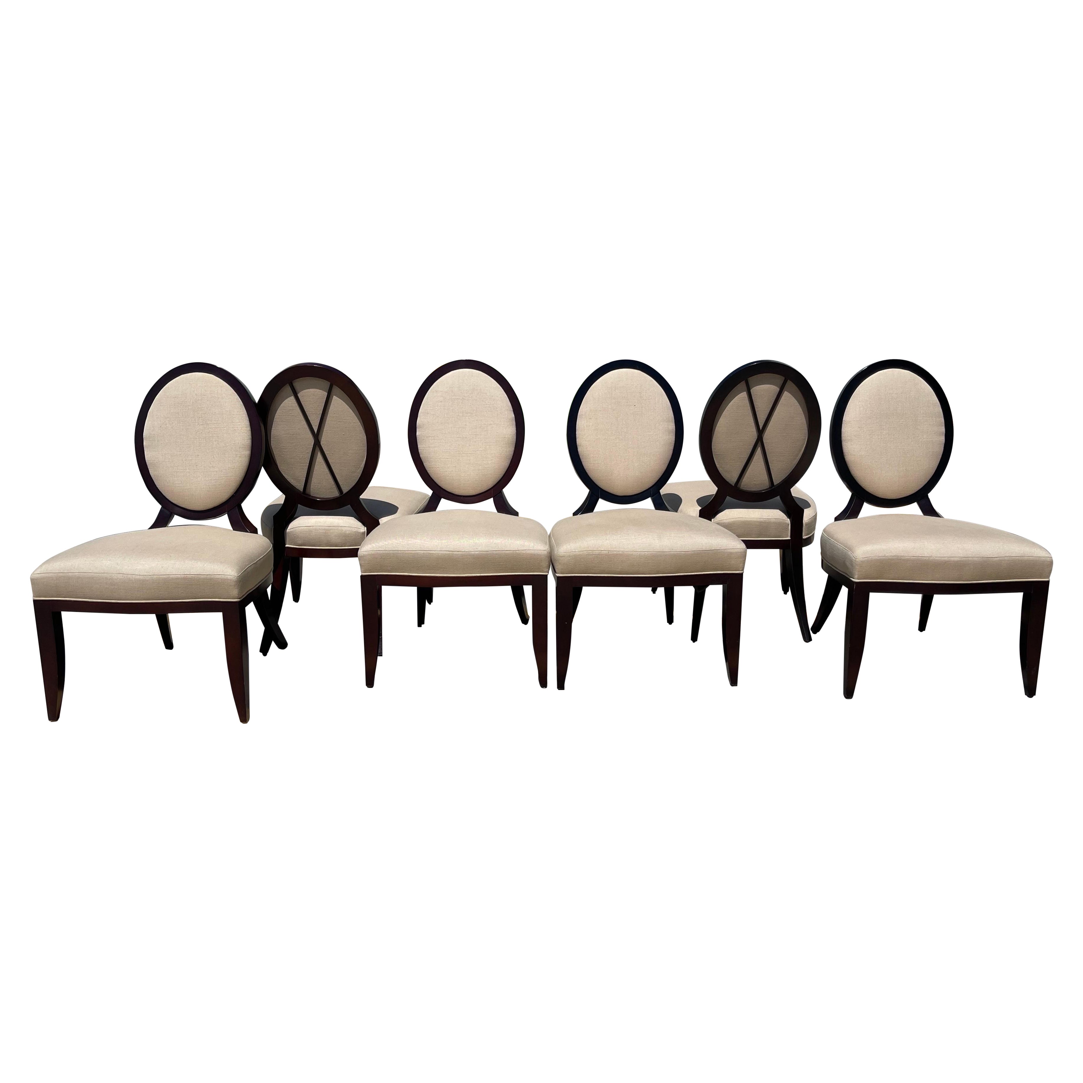 Barbara Barry for Baker Oval X Back Linen Upholstery Dining Chairs, Set of 6