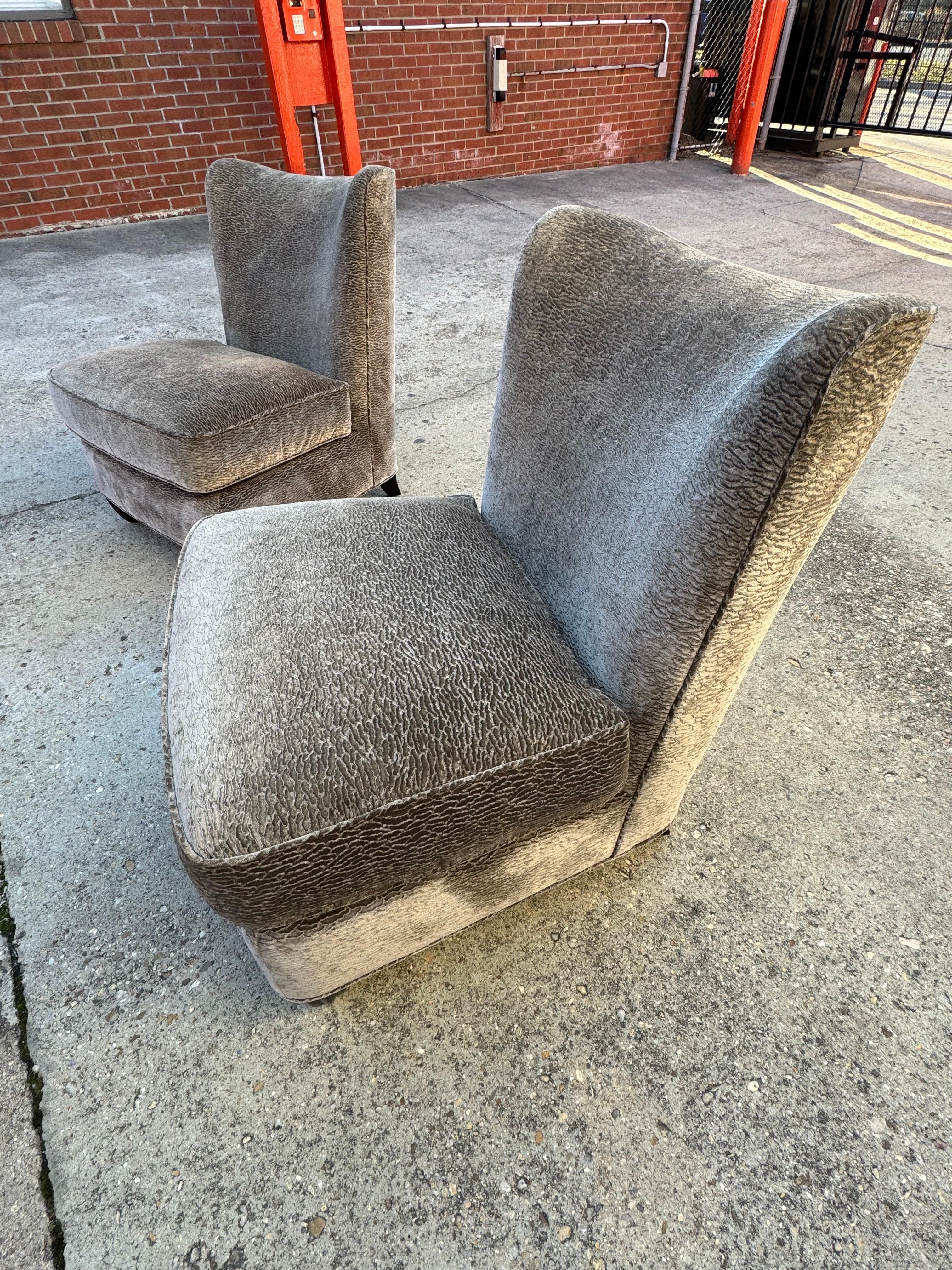Modern Barbara Barry for Baker Pair of Grey Chenille Slipper Chairs  For Sale