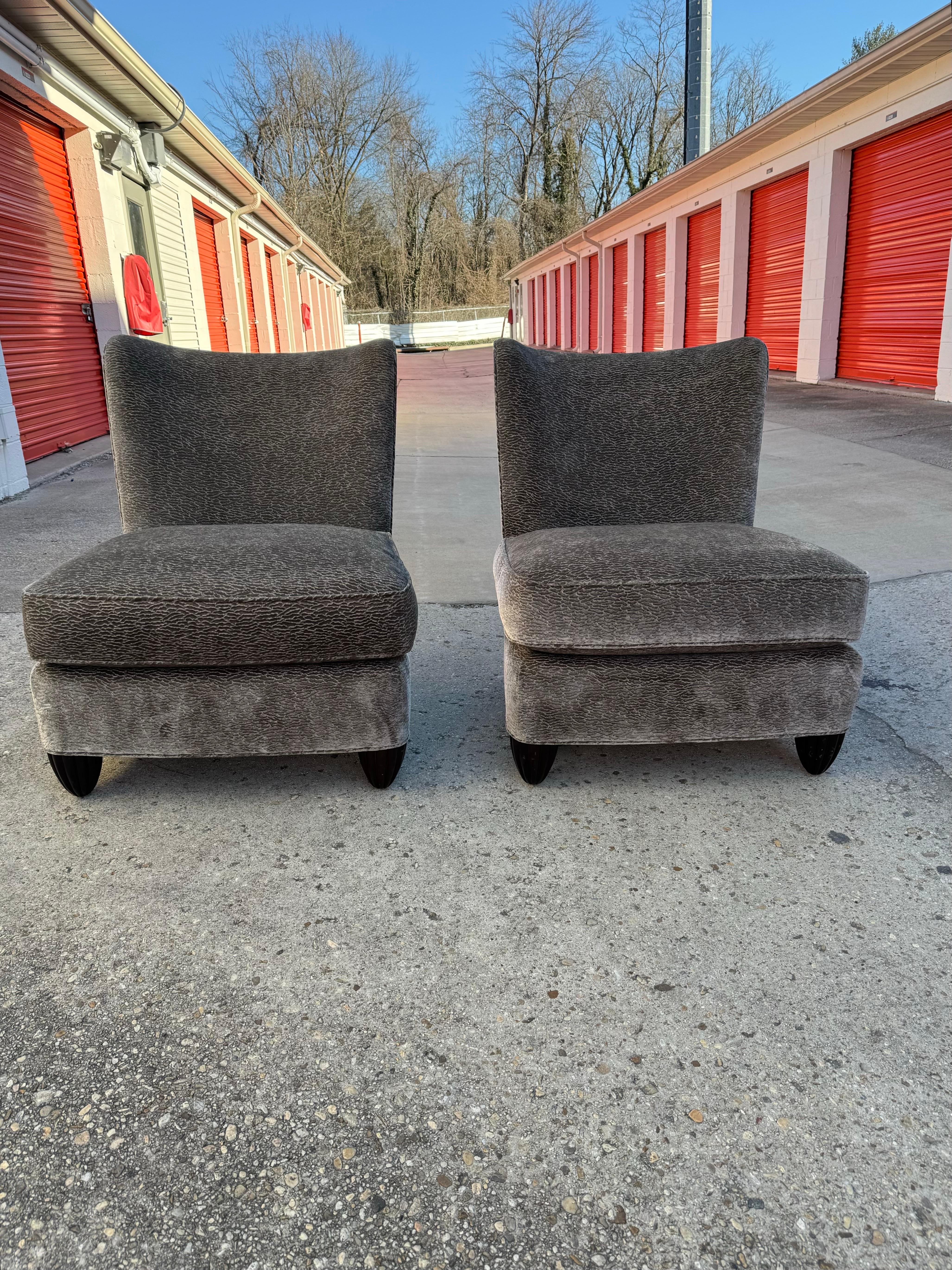 Barbara Barry for Baker Pair of Grey Chenille Slipper Chairs  For Sale 1