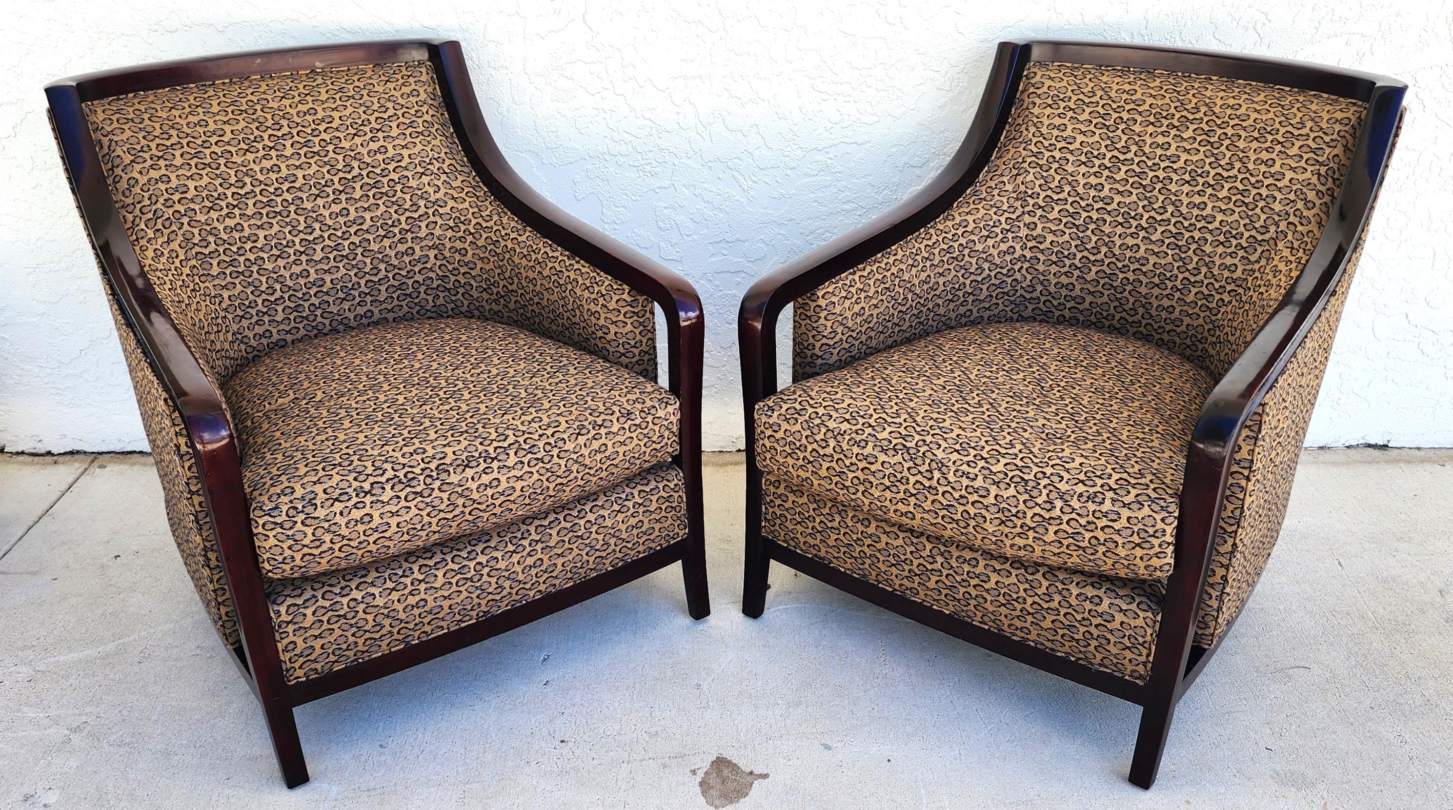 For FULL item description click on READ MORE below.

Offering One Of Our Recent Palm Beach Estate Fine Furniture Acquisitions Of A
Pair of Barbara Barry for Baker Salon Club Chairs & Ottoman
Coloration: Cotton fabric has blues and browns.

An
