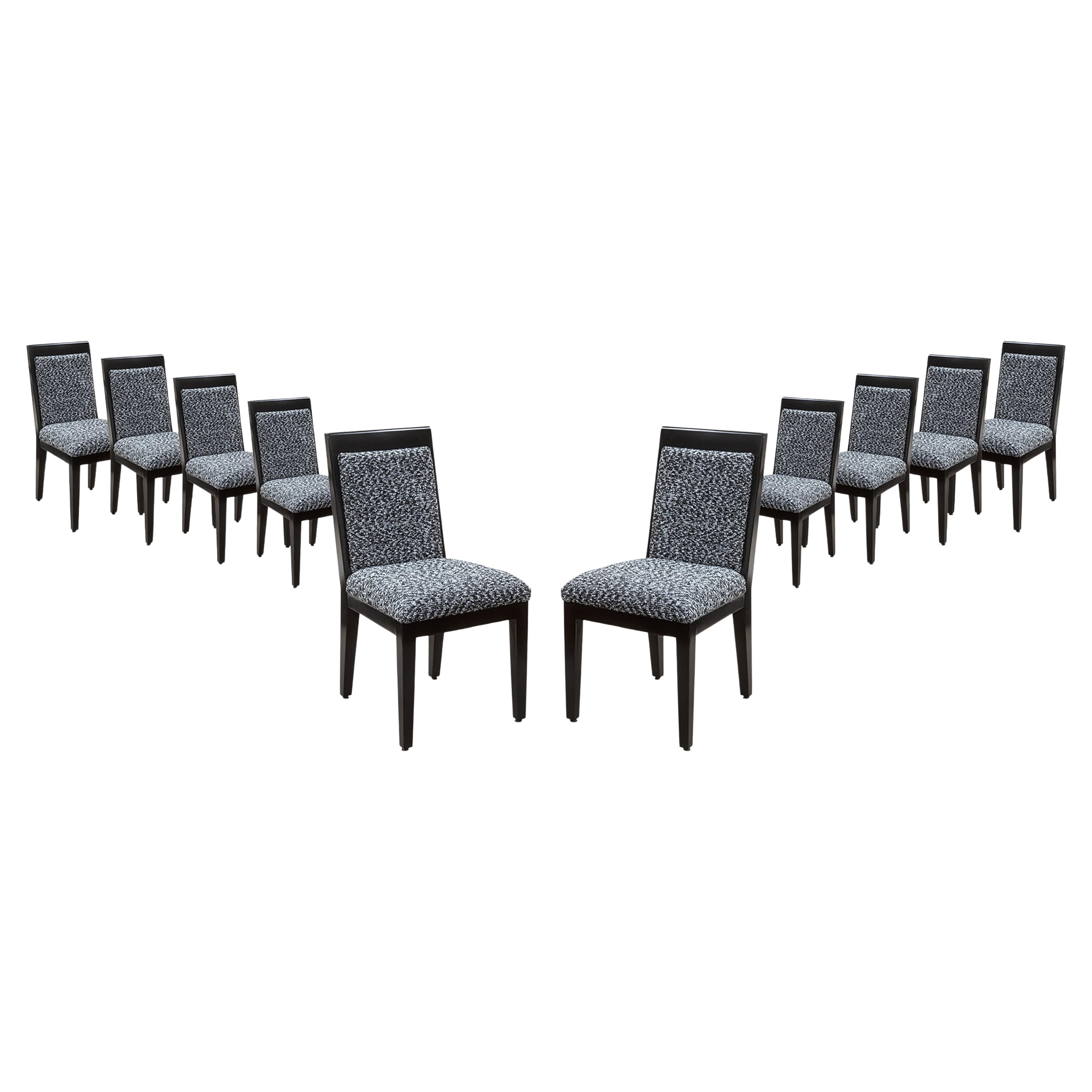 Barbara Barry für Baker 10 Esszimmerstühle aus lackiertem schwarzem und weißem Stoff