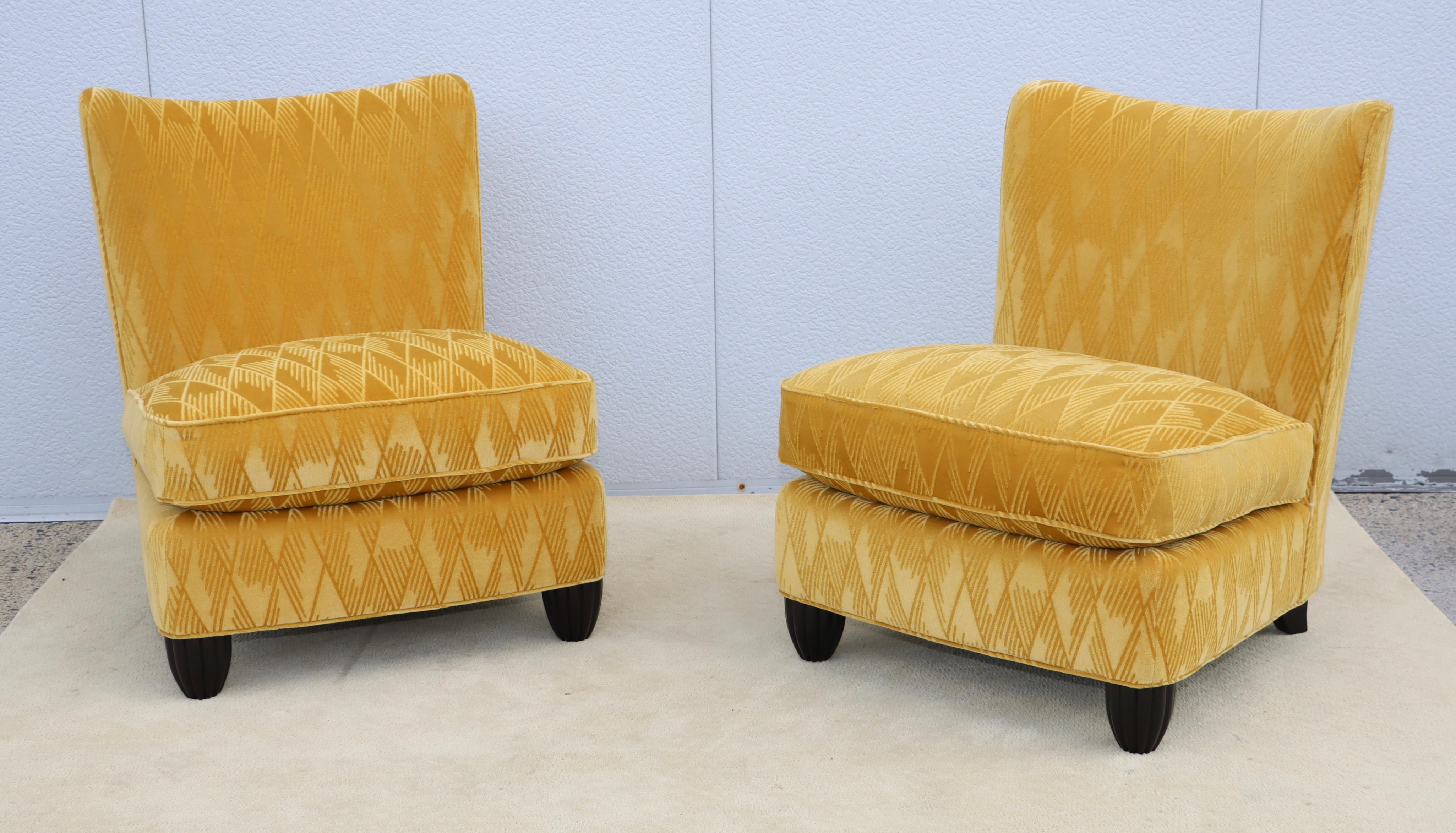 Amazing pair of large modern slipper chairs designed by Barbara Barry for Baker, beautiful craftsmanship and quality, the legs have been newly black lacquered and the chairs have been re-upholstered in high quality Mohair fabric, with minor wear and
