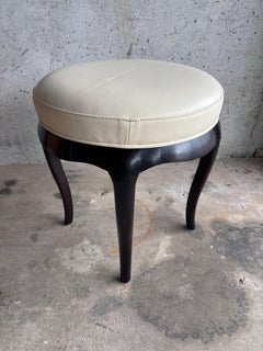 Barbara Barry for Baker Vanity Stool, Leather, Sculpted Wood Base