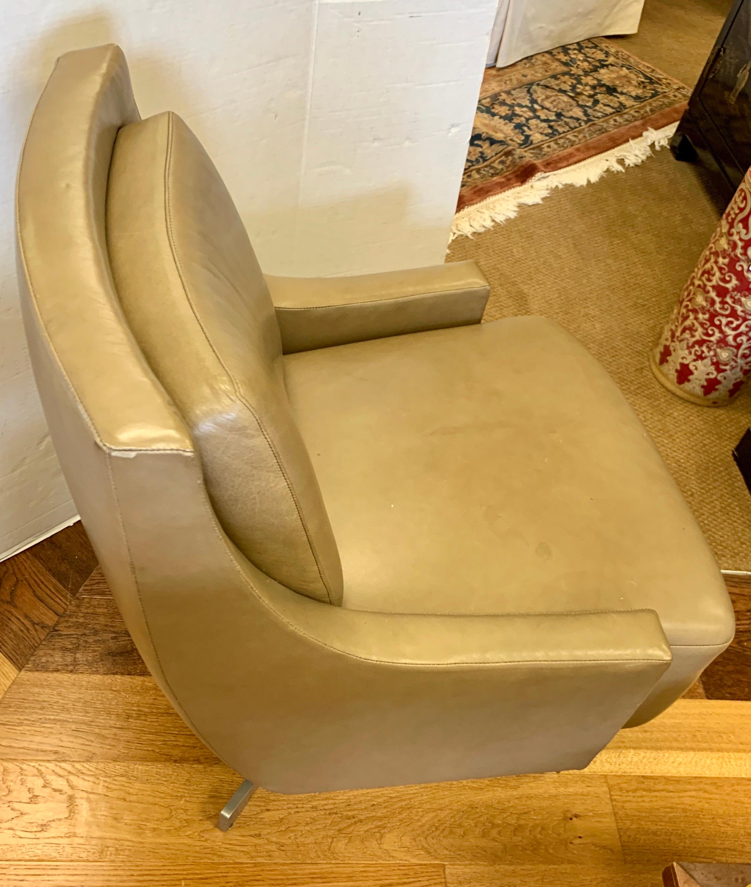 Mid-Century Modern Barbara Barry for HBF Midcentury Style Leather Swivel Chair Low Profile
