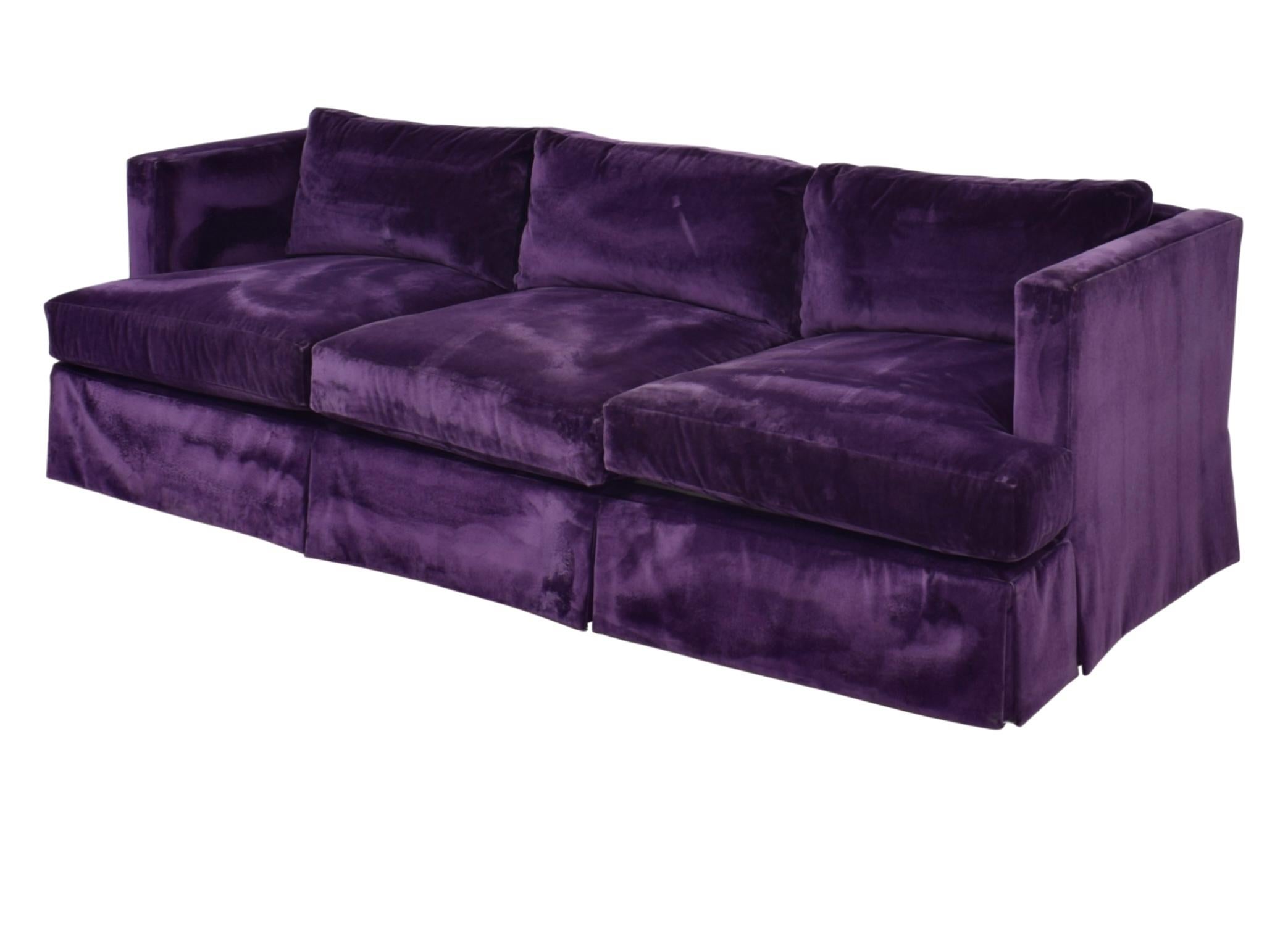 Barbara Barry for Hendredon Royal purple skirted velvet three-seat sofa.  Gorgeous lines and luxurious comfort. 