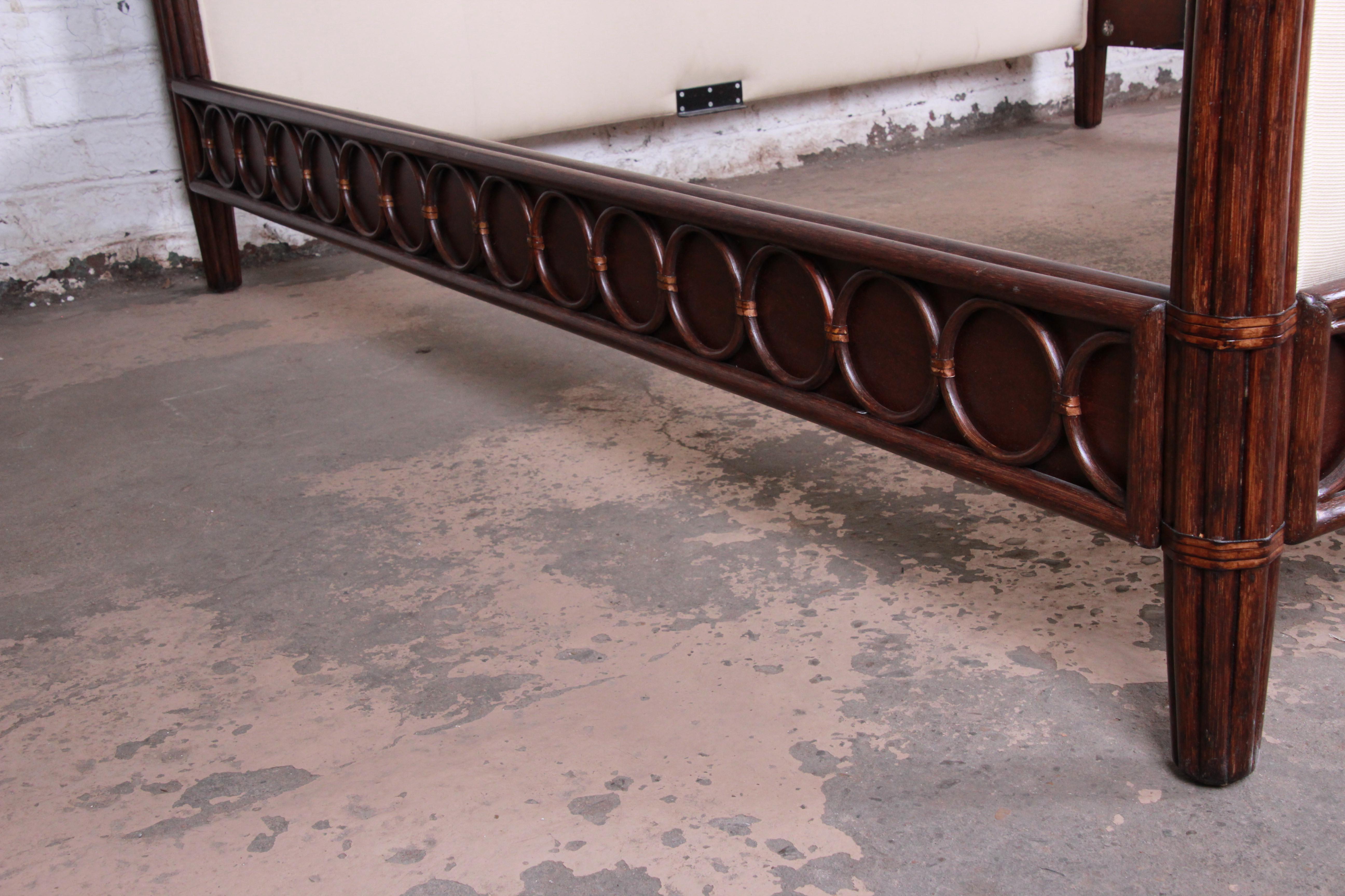 Late 20th Century Barbara Barry for McGuire Rattan and Mahogany King Size Upholstered Poster Bed