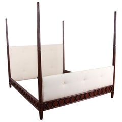 Vintage Barbara Barry for McGuire Rattan and Mahogany King Size Upholstered Poster Bed