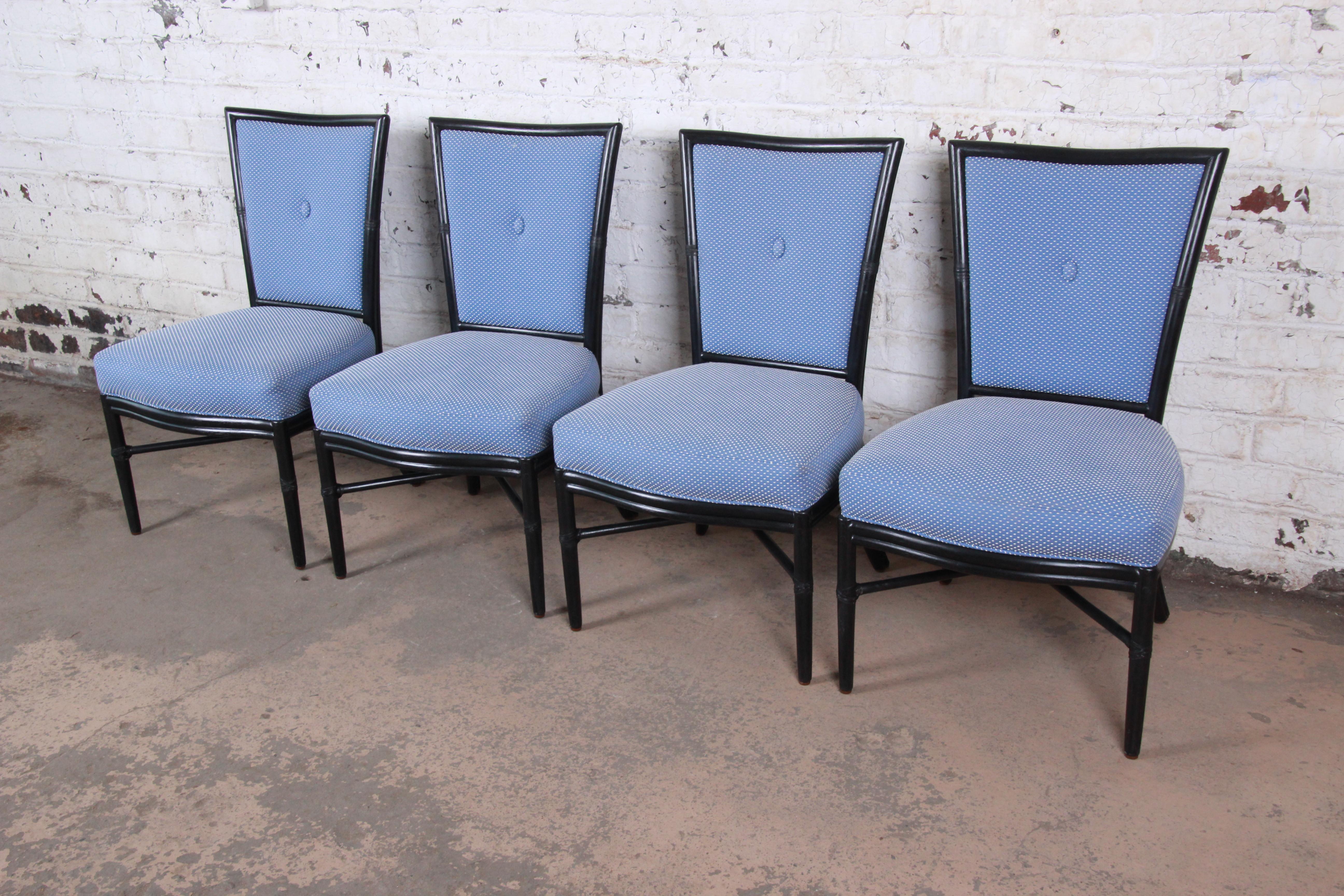 American Barbara Barry for McGuire Rattan Upholstered Dining Chairs, Set of Four