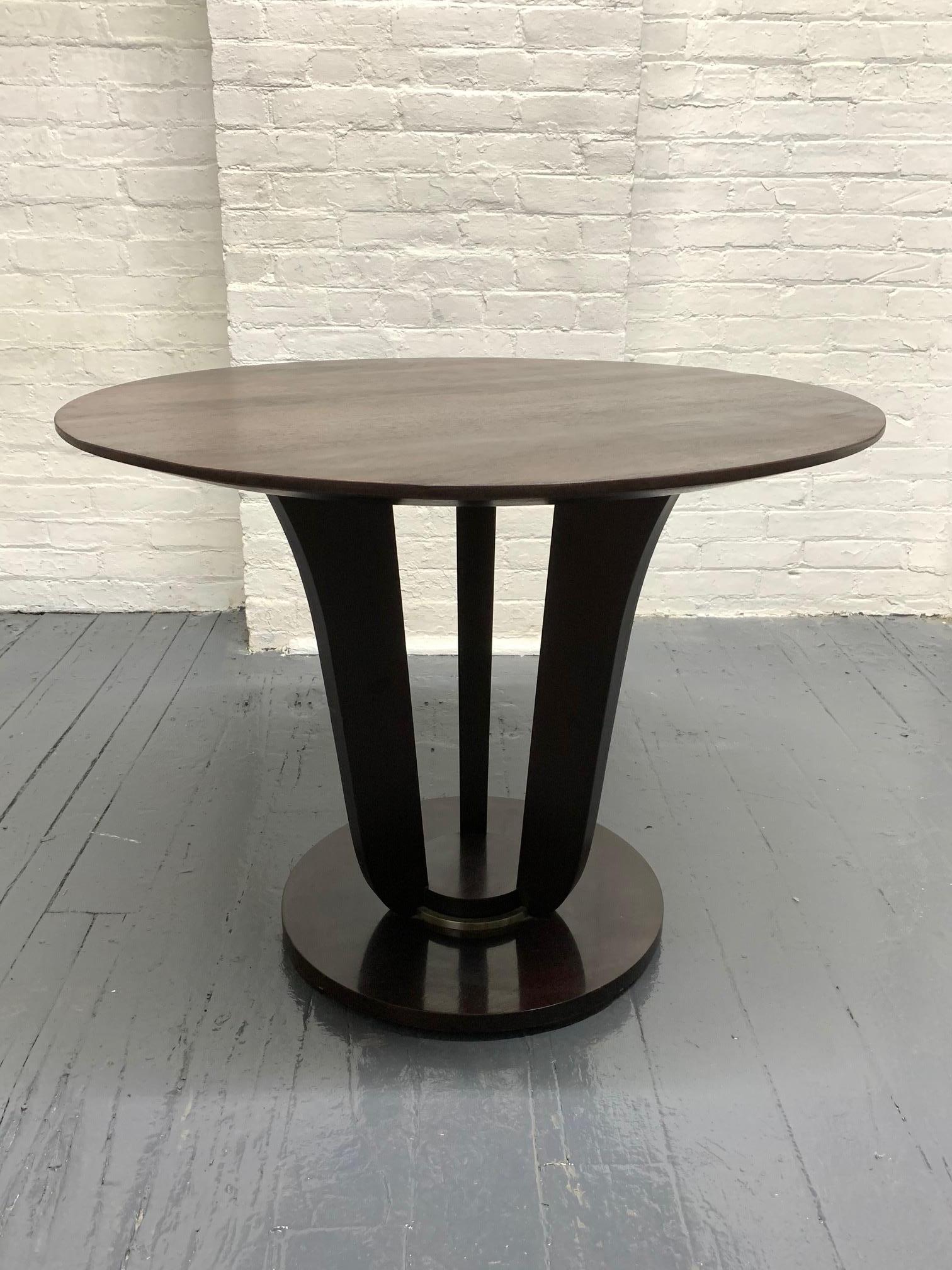 Barbara Barry Gueridon table for Baker. The table is mahogany and has a refinished top. Inspired by LeLeu, a famed French designer of the 1930s, this rich mahogany table has a relaxed finish with nickel detailing at the base. Retains original labels.