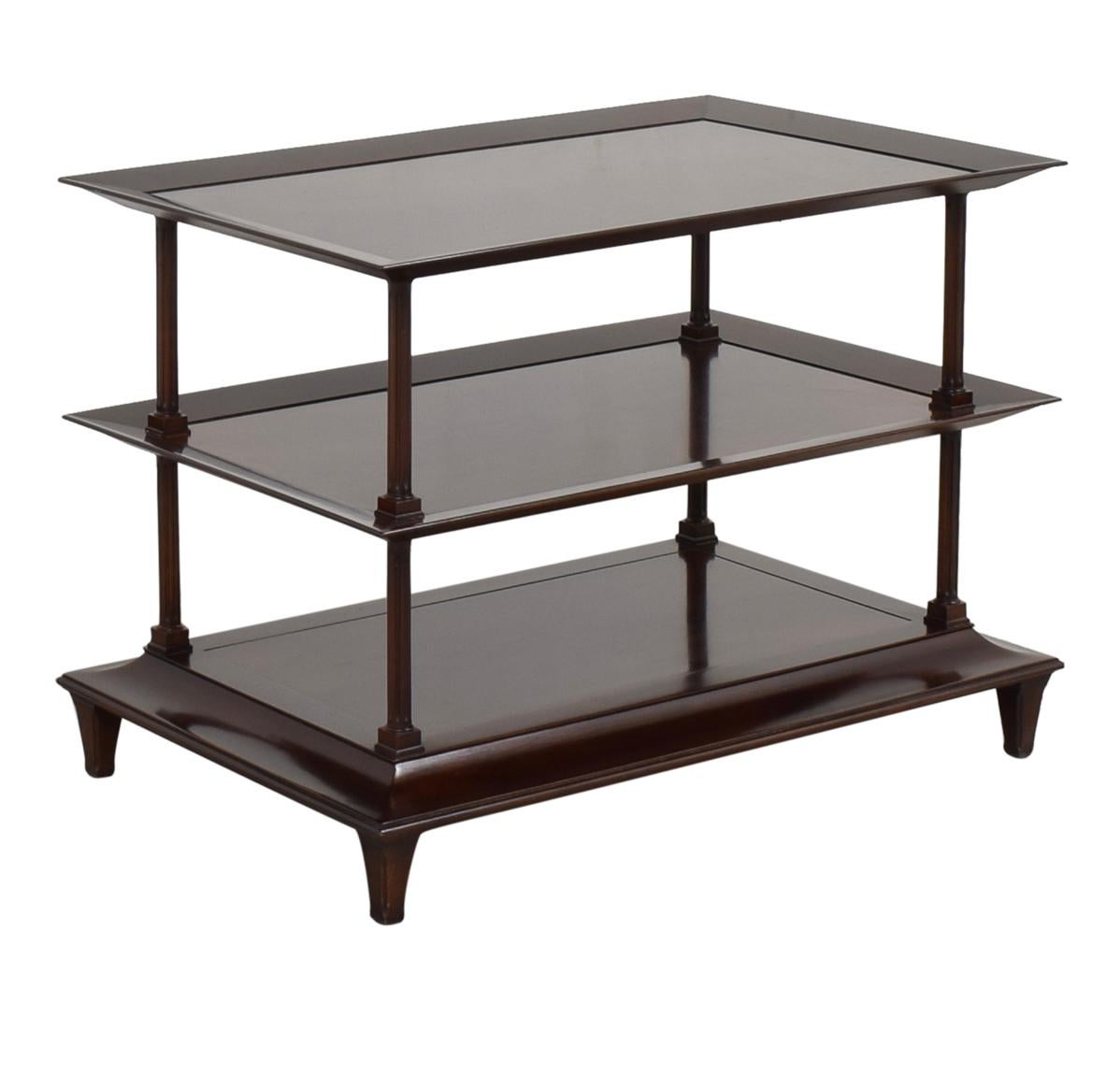 Barbara Berry for Baker Furniture company, three-tiered occasional, side table. Mahogany. Rare custom rectangular model. I believe this is the deep brown java finish. Reeded columns.
Measures: 39