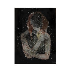 Mixed media collage and abstract painting of a woman with covered face