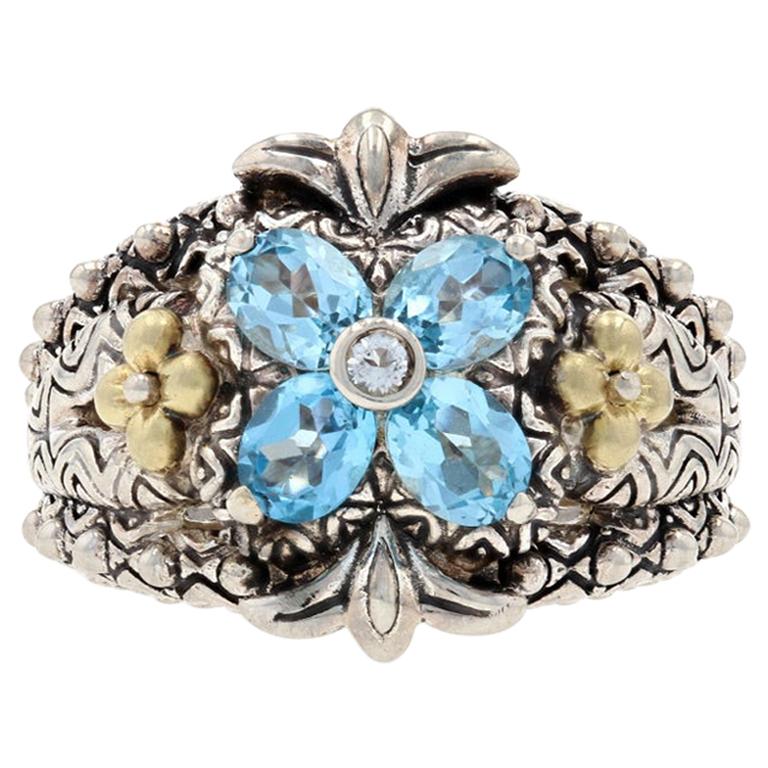 For Sale:  Barbara Bixby Blue Topaz Flower Ring Silver & Yellow Gold, 925 & 18k