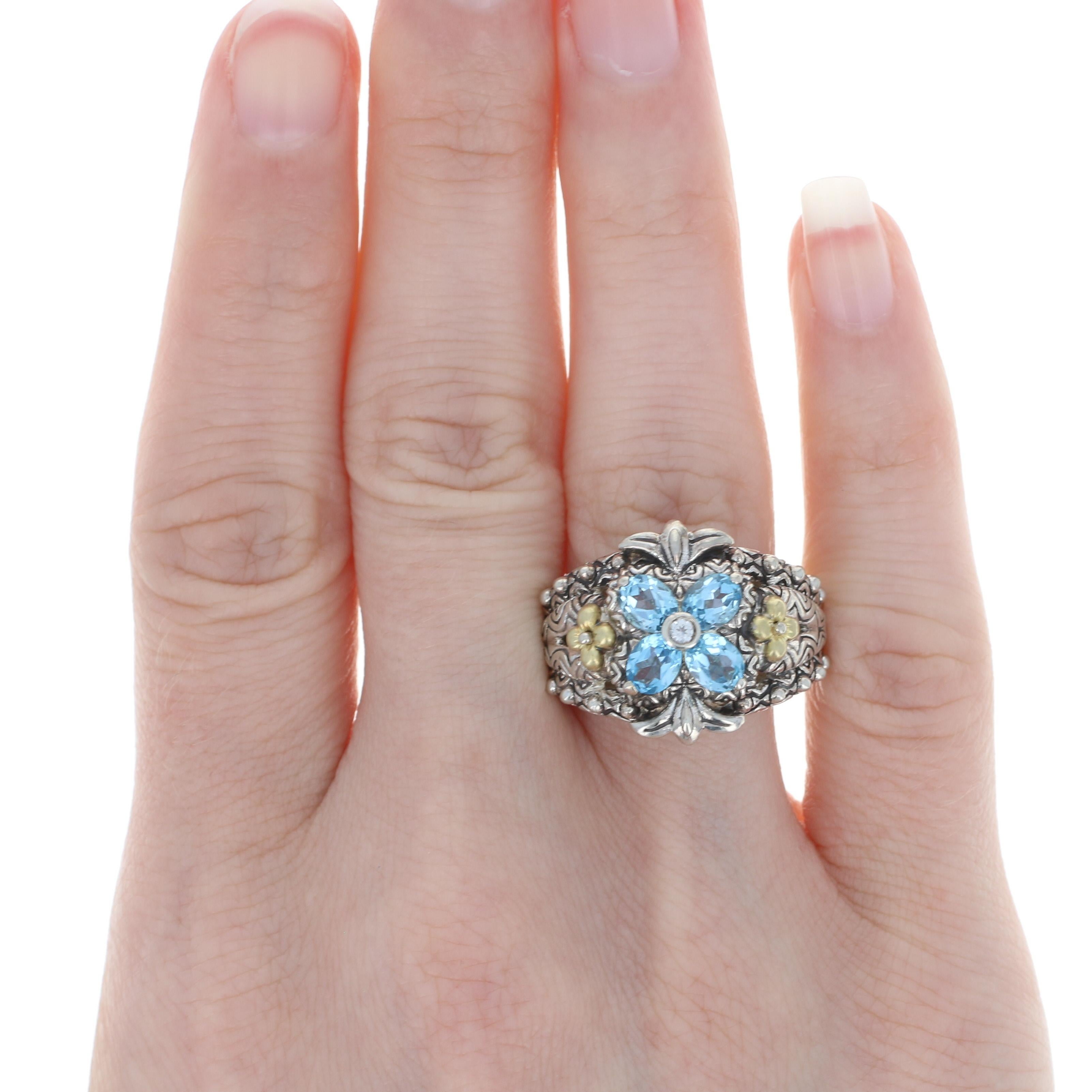 For Sale:  Barbara Bixby Blue Topaz Flower Ring Silver & Yellow Gold, 925 & 18k 3