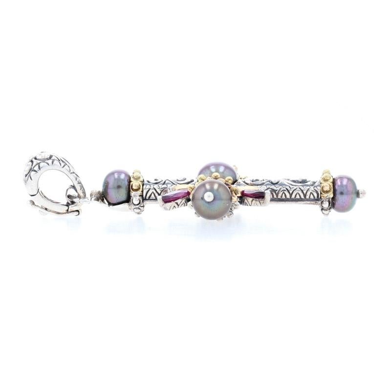 Brand: Barbara Bixby

Metal Content: Sterling Silver & 18k Yellow Gold

Stone Information: 
Genuine Cultured Pearls

Genuine Rhodolite Garnets
Total Carats: .80ctw
Cut: Marquise
Color: Purplish Red

Style: Enhancer Pendant
Theme: Cross /