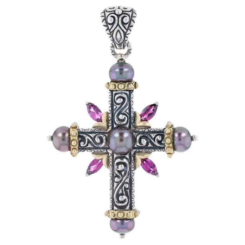 Barbara Bixby Pendentif en forme de croix en perles et grenat en argent sterling 925, Marq 18 carats, 0,80 carat