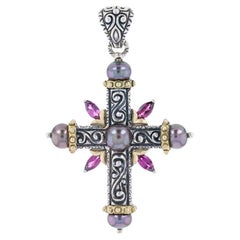 Vintage Barbara Bixby Pearl Garnet Cross Enhancer Pendant Sterling, 925 18k Marq .80ctw