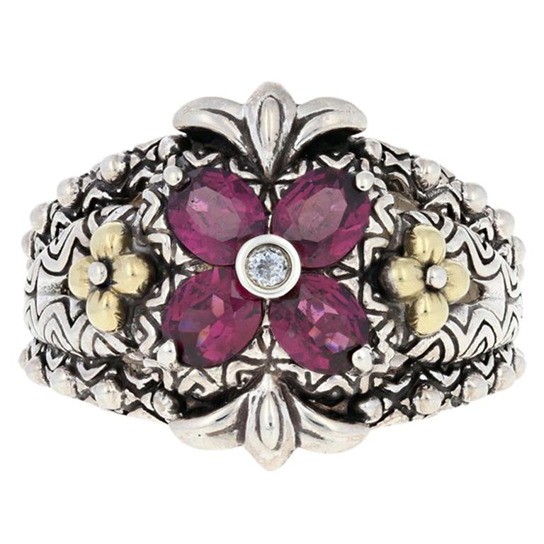 For Sale:  Barbara Bixby Rhodolite Garnet & Topaz Ring, Silver & 18k Gold Floral