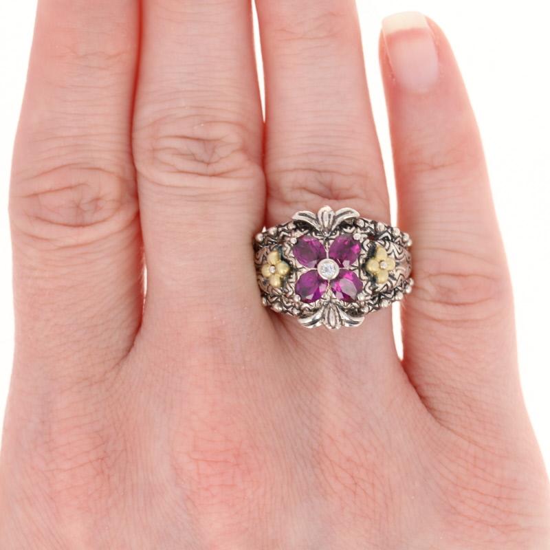 For Sale:  Barbara Bixby Rhodolite Garnet & White Sapphire Ring, Silver & 18k Gold Floral 3