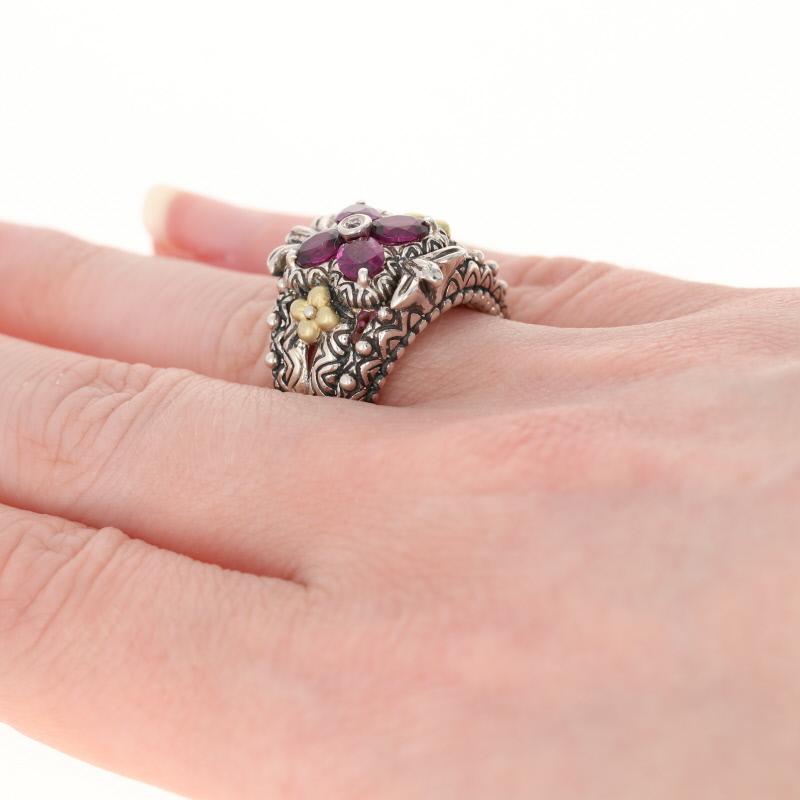 For Sale:  Barbara Bixby Rhodolite Garnet & White Sapphire Ring, Silver & 18k Gold Floral 4