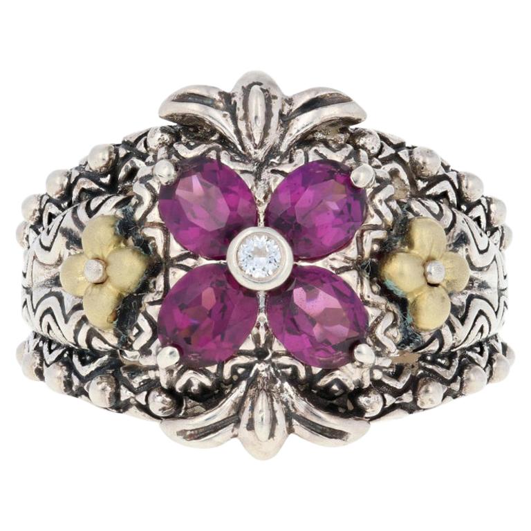 For Sale:  Barbara Bixby Rhodolite Garnet & White Sapphire Ring, Silver & 18k Gold Floral